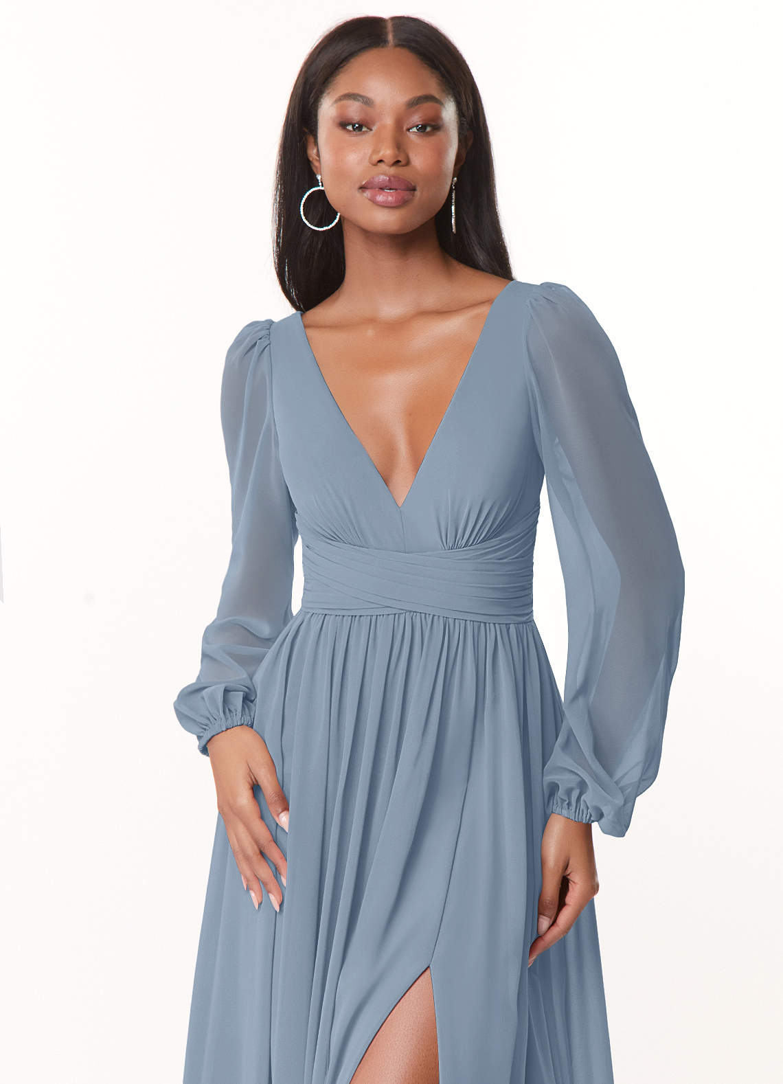 Azazie Norah Bridesmaid Dresses Dusty Blue A-Line V-Neck Long Sleeve Chiffon Dress image4