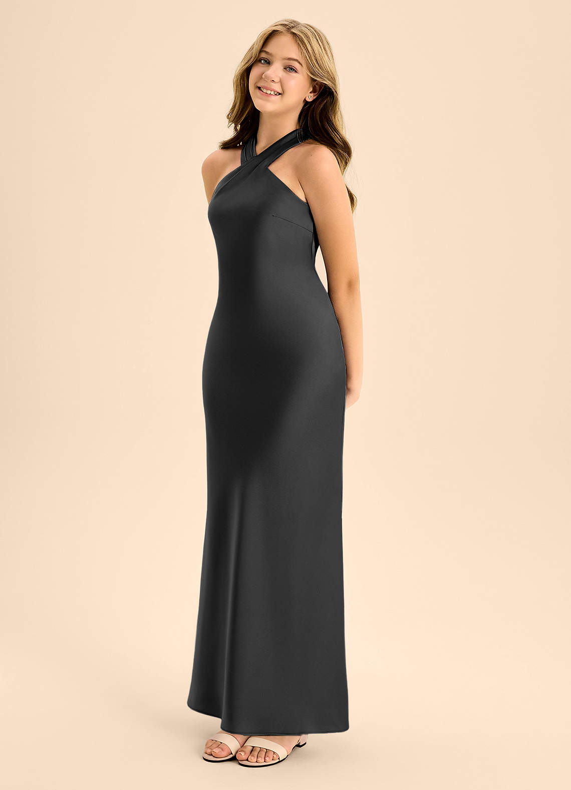 Azazie Doretta Junior Black A-Line Pleated Stretch Satin Dress image2