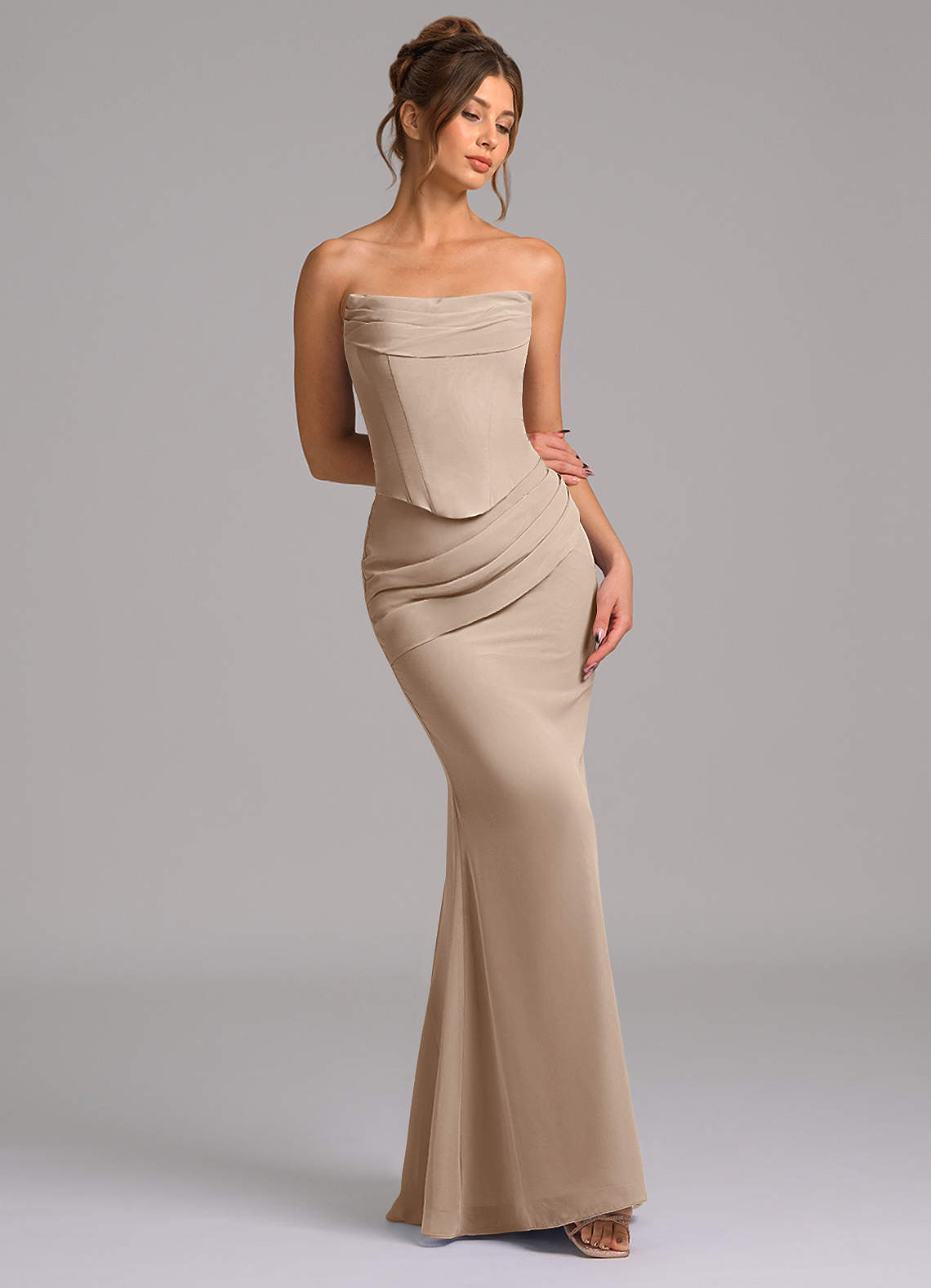 taupe chiffon corset bandeau draped midi dress PrettyLittleThing | Dresses | Nwt Taupe Chiffon Corset Bandeau Draped Midi  Dress