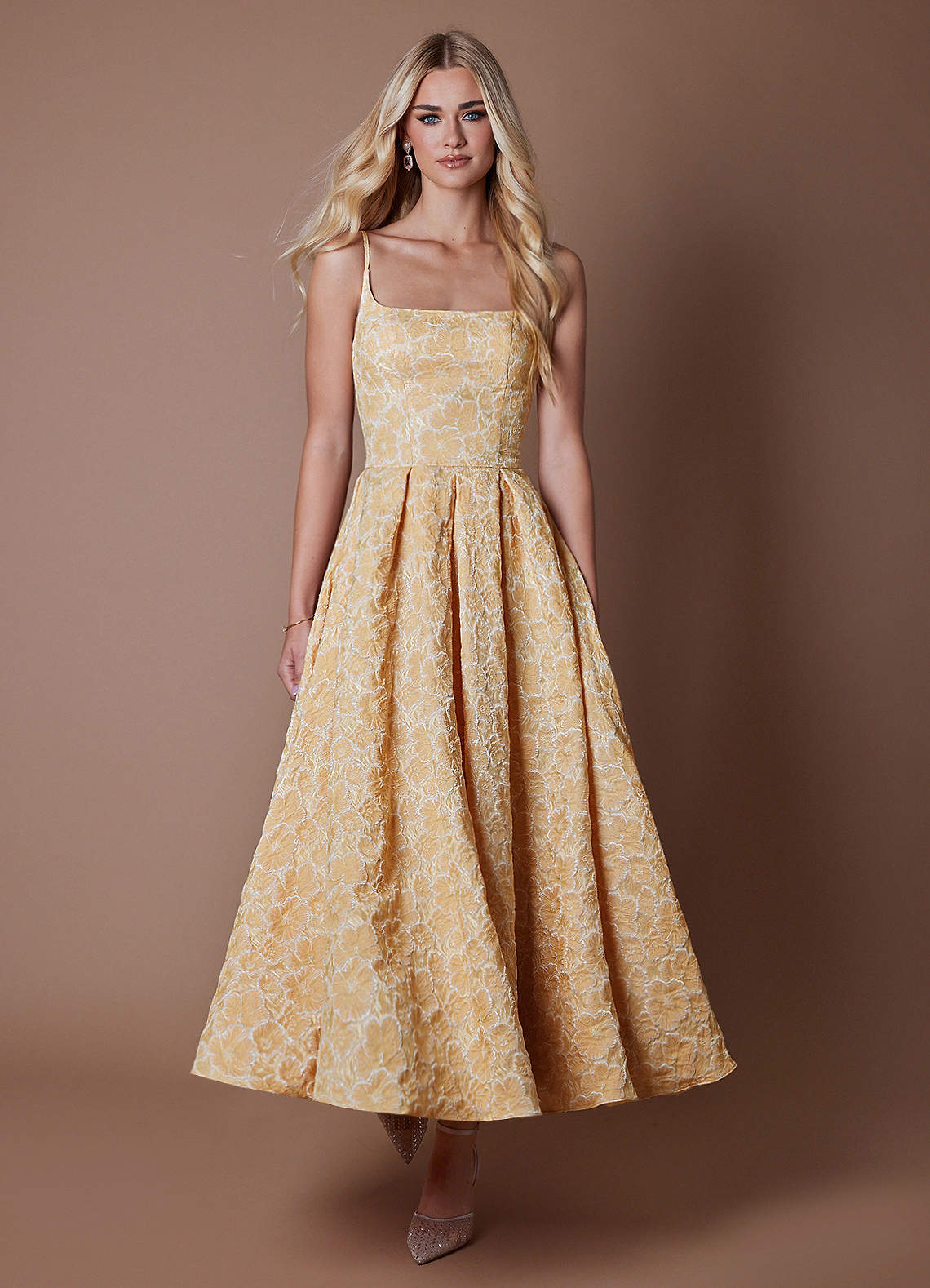 Azazie Square A-Line Maxi Wedding Guest Dresses in Pale Marigold