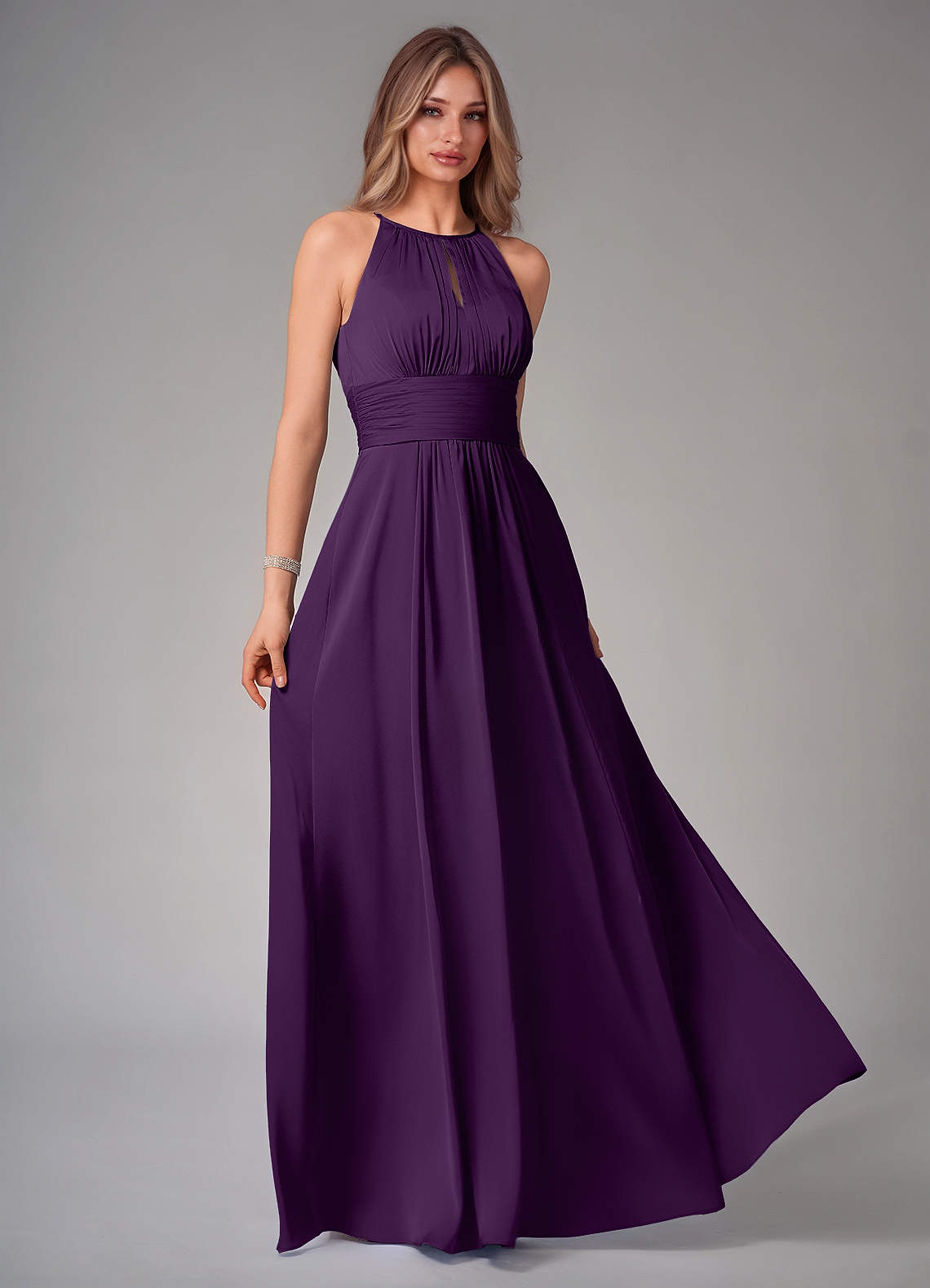 Azazie Bonnie Bridesmaid Dresses Grape A-Line Pleated Stretch Satin Dress image1