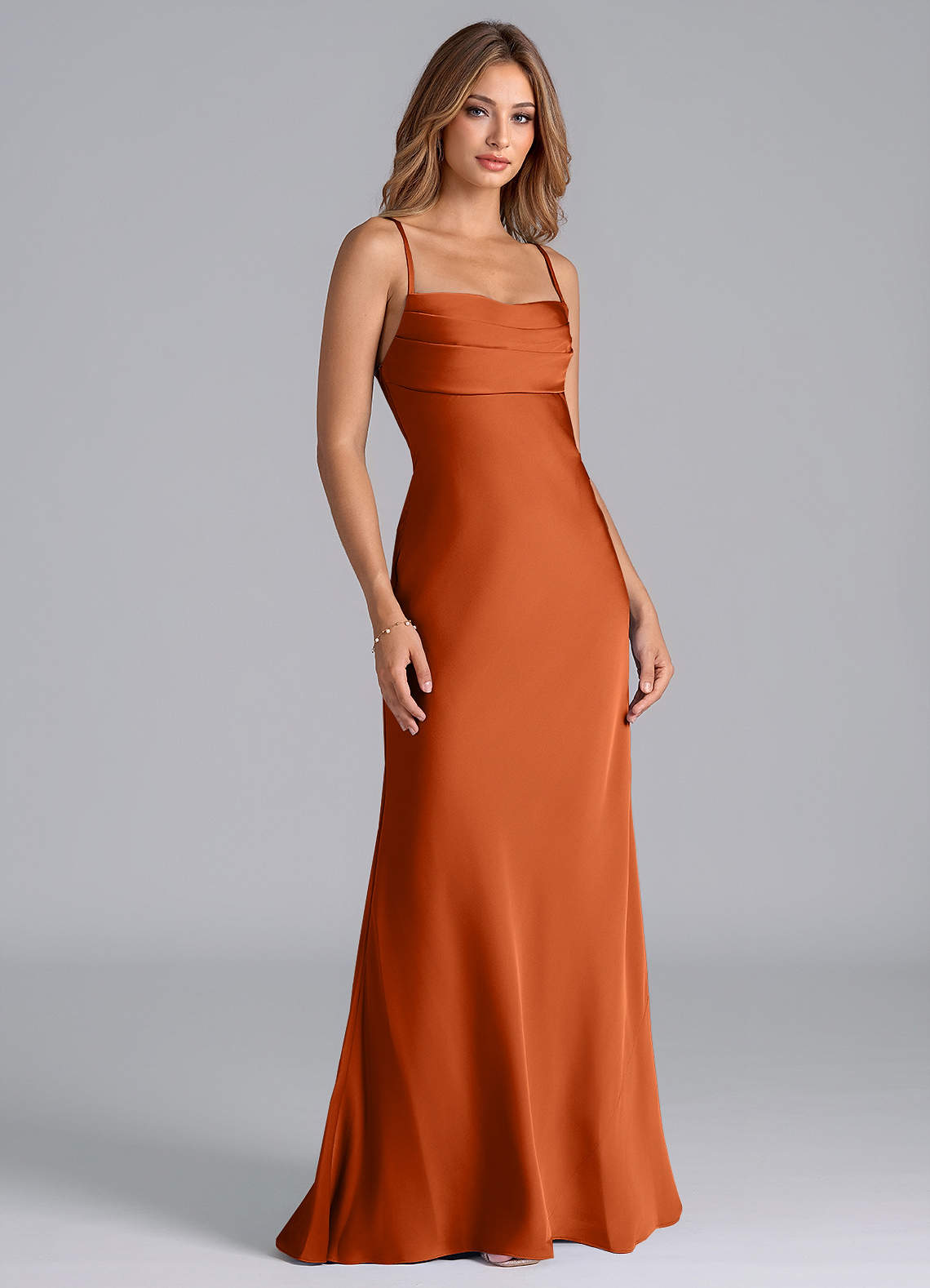 Azazie Seema Vestidos de madrinha de casamento Vestido Laranja Queimada de Cetim elástico de sereia com Espartilho image1