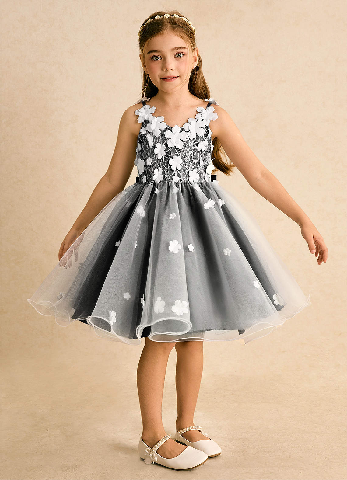 Azazie Junebug Robe Demoiselle D'honneur Fillette Robe Princesse en Tulle Dentelle Ivoire Noir image5