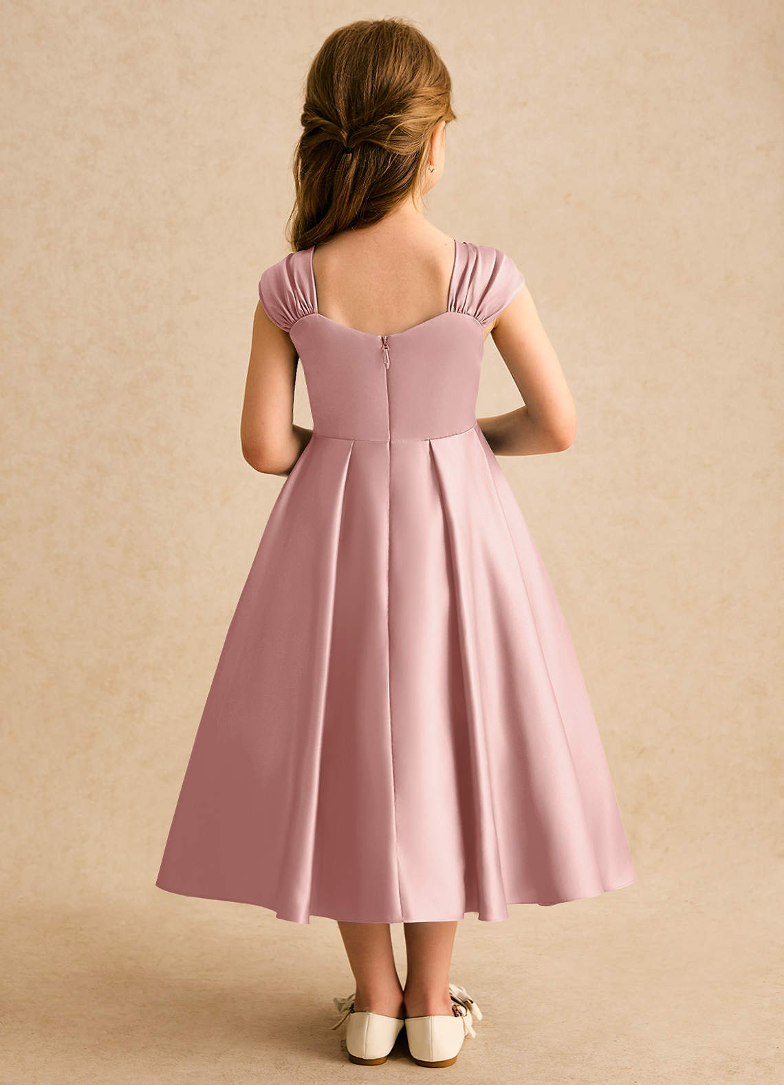 Azazie Ball-Gown Sweetheart Tea-Length Matte Satin Flower Girl Dresses - rose gold