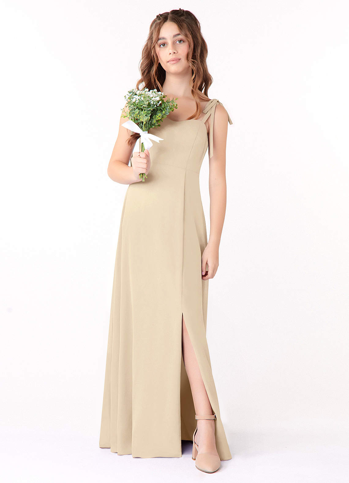 Azazie Rosey Junior Champagne A-Line Sweetheart Neckline Chiffon Dress image1