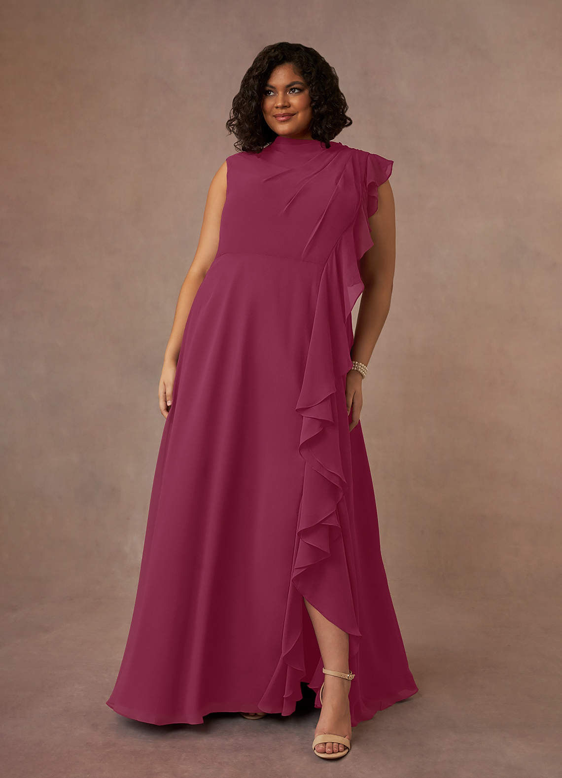 Azazie Narine Mère de la mariée Robes Robe Trapèze en Mousseline de soie Encolure haute plissée Mûre image1