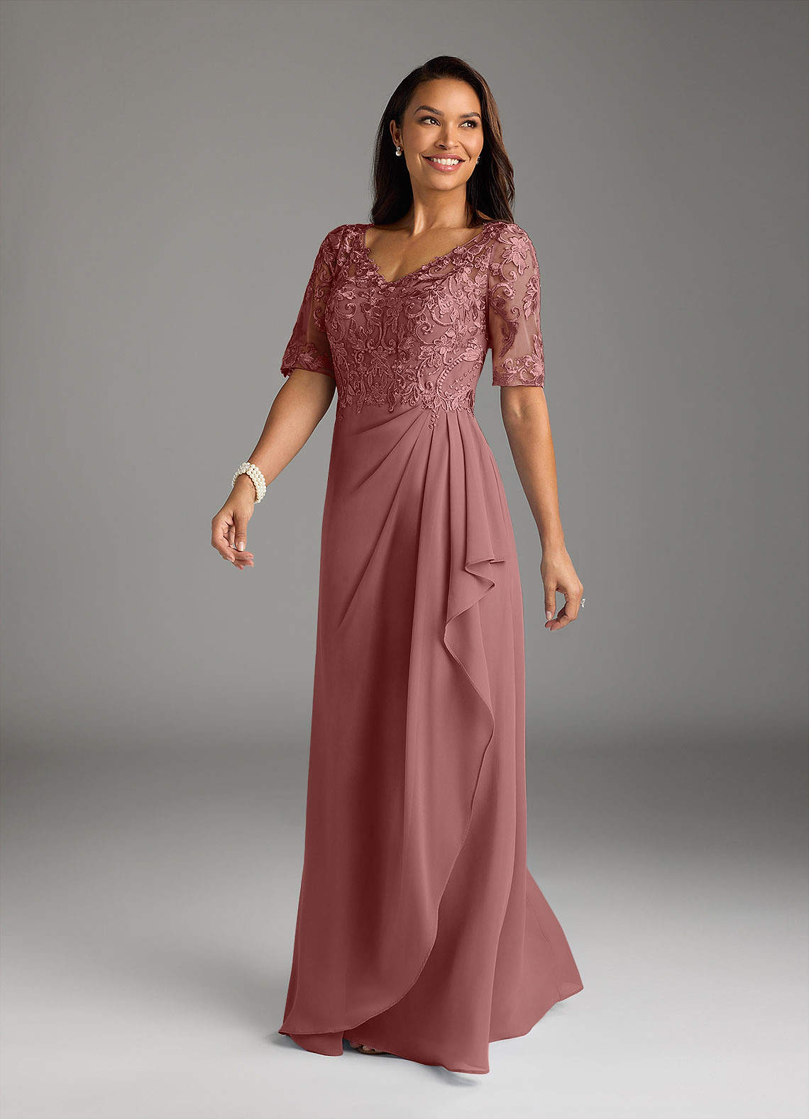 Azazie Amedeus Mother of the Bride Dresses Desert Rose A-Line V-Neck Lace Chiffon Dress image1