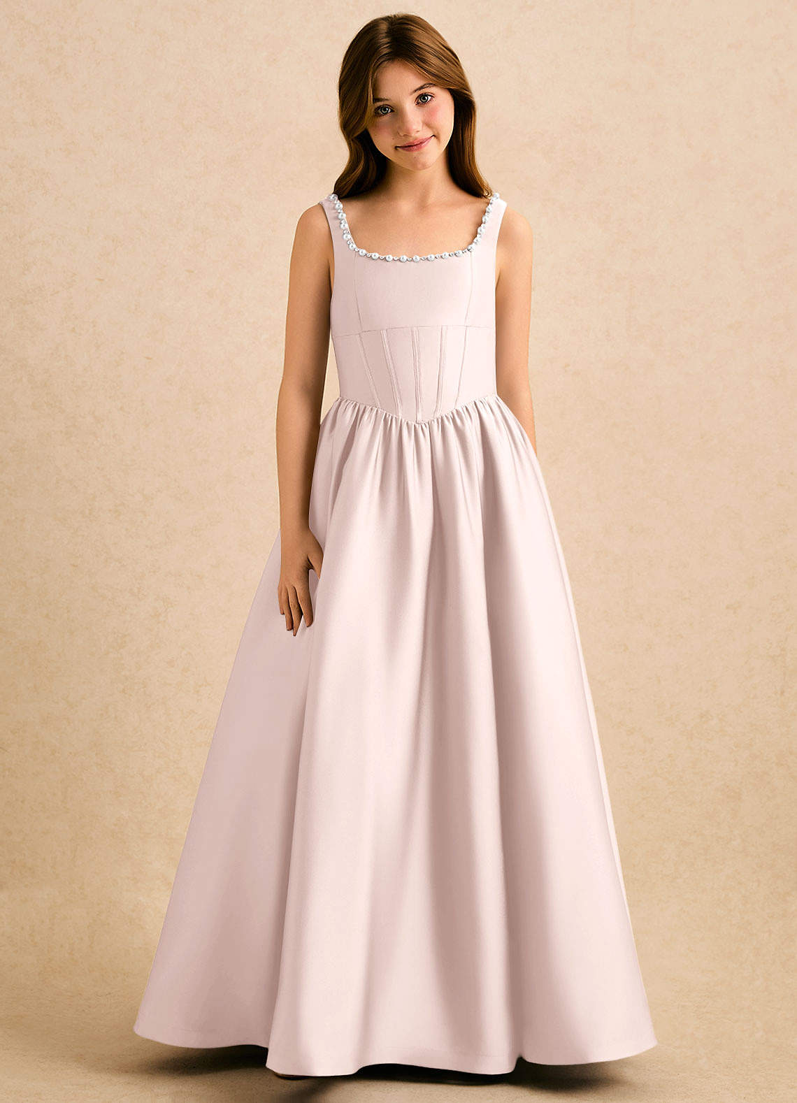 Azazie Enid Girls Formal Flower Girl Dresses Blushing Pink A-Line Beaded Stretch Satin Dress image4