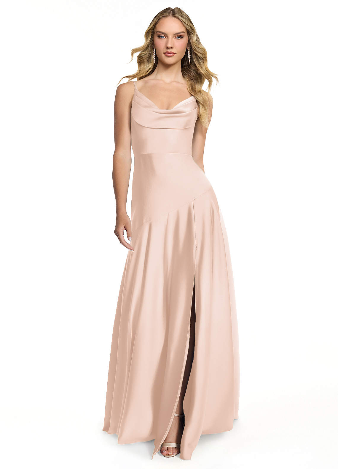 Azazie Kayla Bridesmaid Dresses Blushing Pink Sheath Side Slit Stretch Satin Dress image1