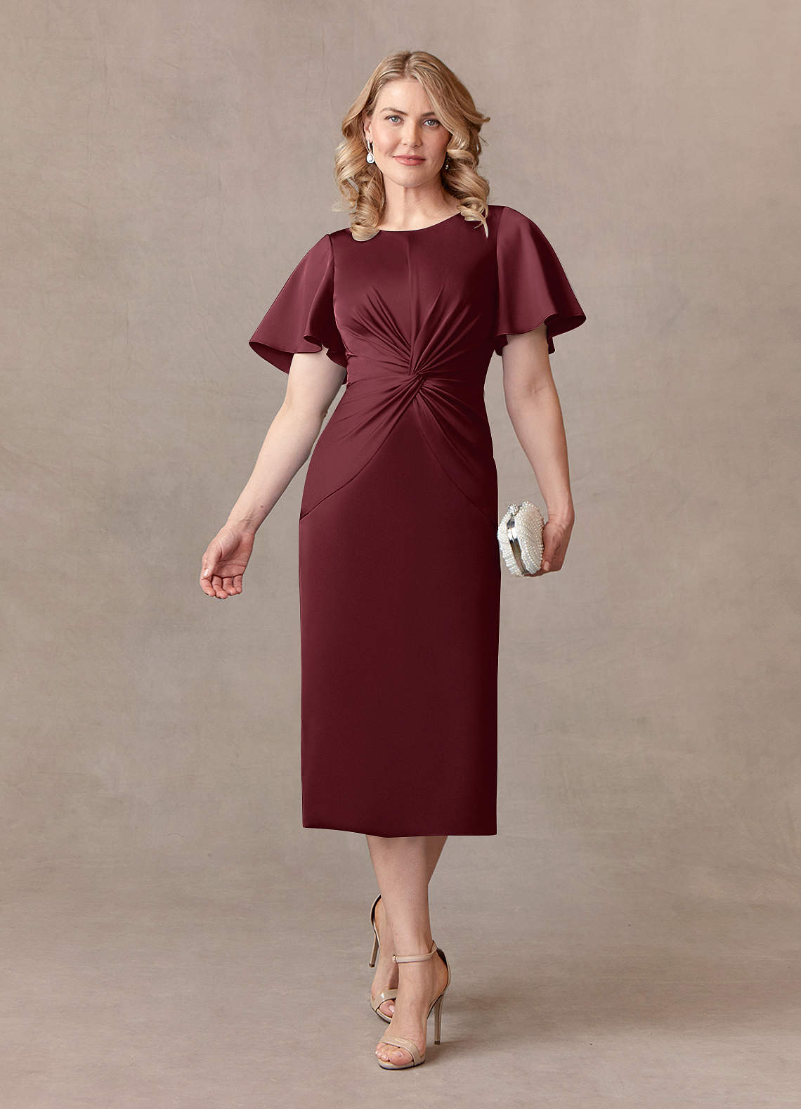 Azazie Everlyn Mother of the Bride Dresses Cabernet Sheath Pleated Stretch Satin Dress image1