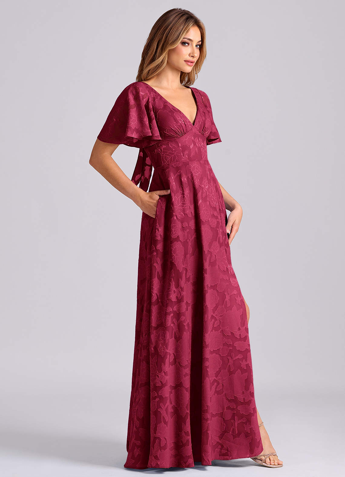 Azazie Kimber Bridesmaid Dresses Burgundy A-Line with Pockets Floral Burnout Dress image2