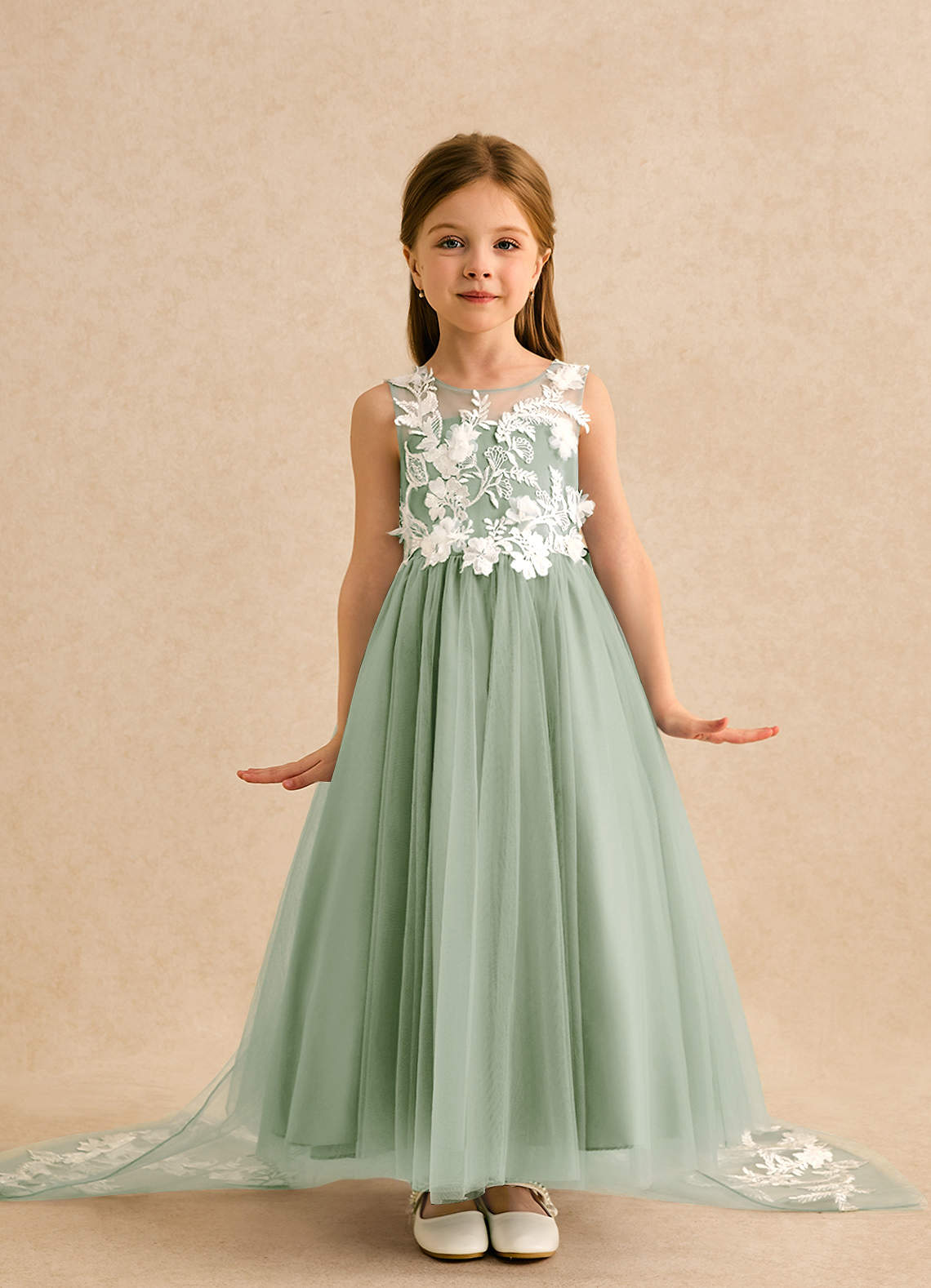 Azazie Mixie Flower Girl Dresses Dusty Sage Ball-Gown Lace Dress image1