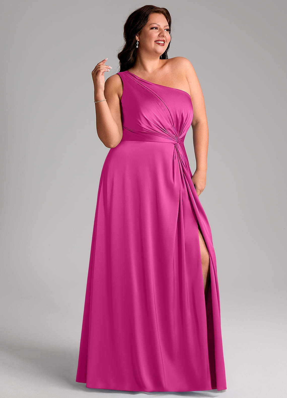 Azazie Brooke Vestidos de damas de honor Vestido de Fucsia de Satén Elástico de Corte en A con Hombro unilateral image10