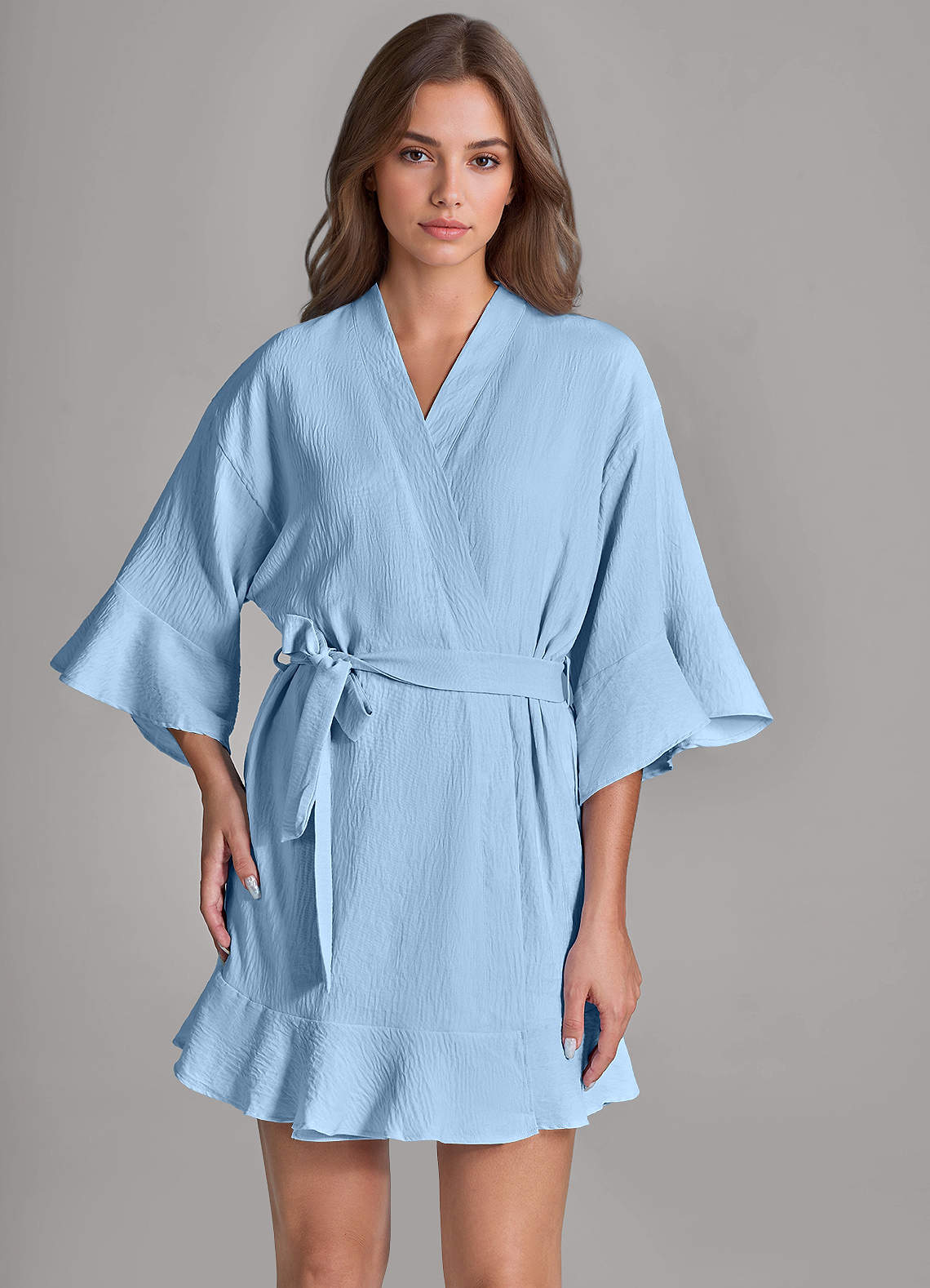front Matching Color 2-Piece Ruffled Cloud-Soft Robe and Slip Set