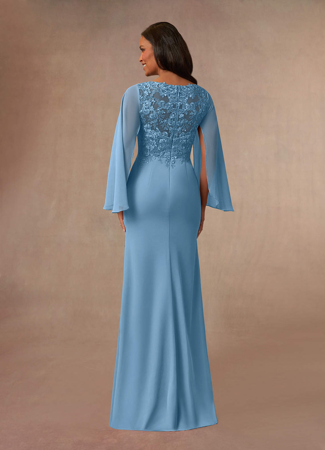 Azazie Perry Mother of the Bride Dresses Steel Blue Mermaid V-Neck Lace Chiffon Dress image2