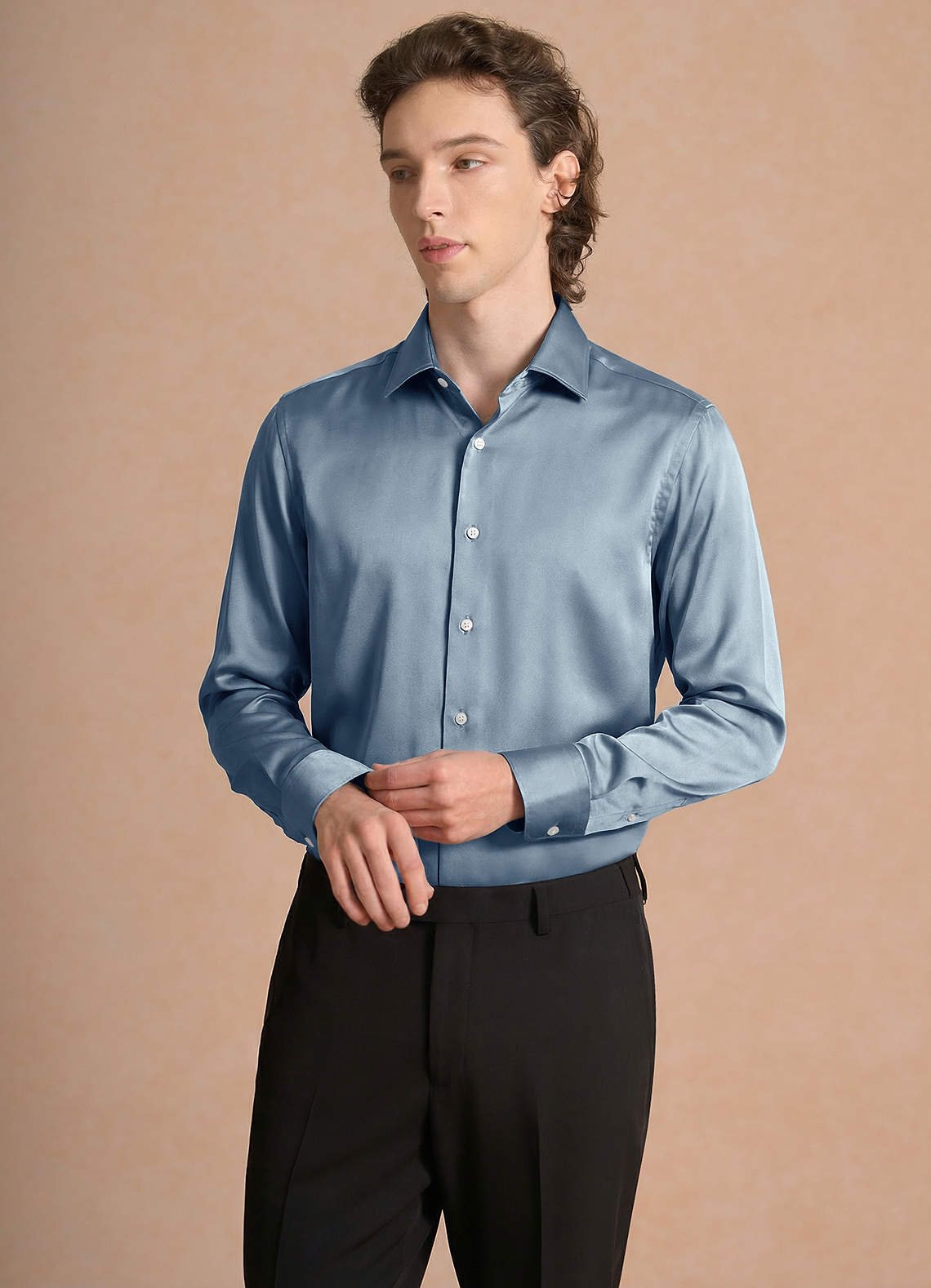 blue satin dress shirt Men's Luxury Shiny Silk Like Satin Dress Shirt Long Sleeve Casual Slim Fit Muscle Button Up Shirts Sky Blue XL