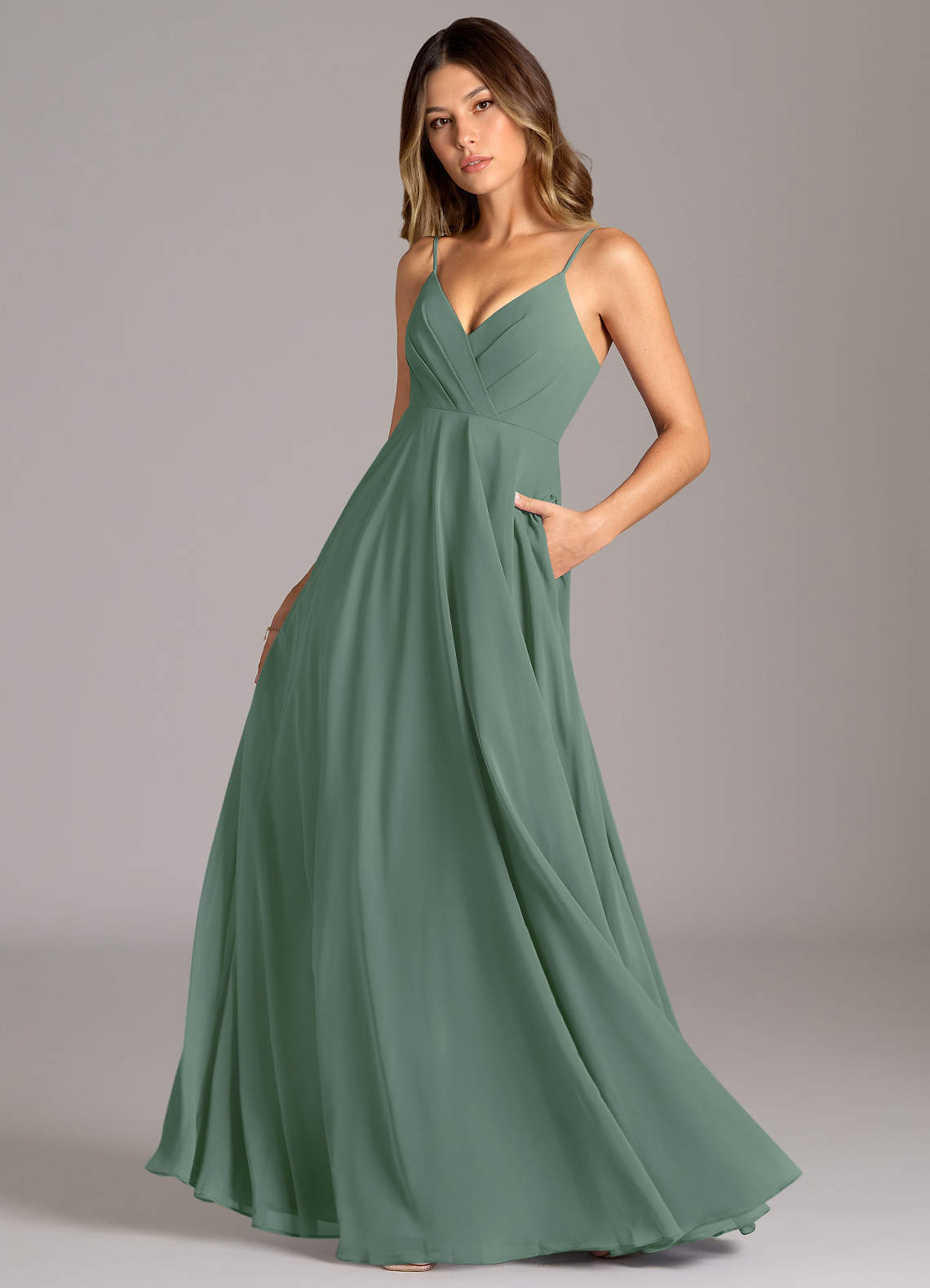 Azazie Amani Bridesmaid Dresses Eucalyptus A-Line Pleated Chiffon Dress image1