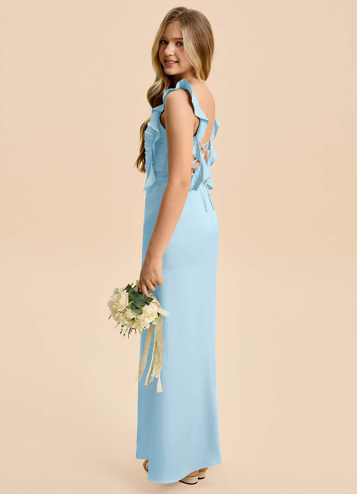 Azazie Jessamine Junior Sky Blue Sheath Ruched Stretch Satin Dress image4
