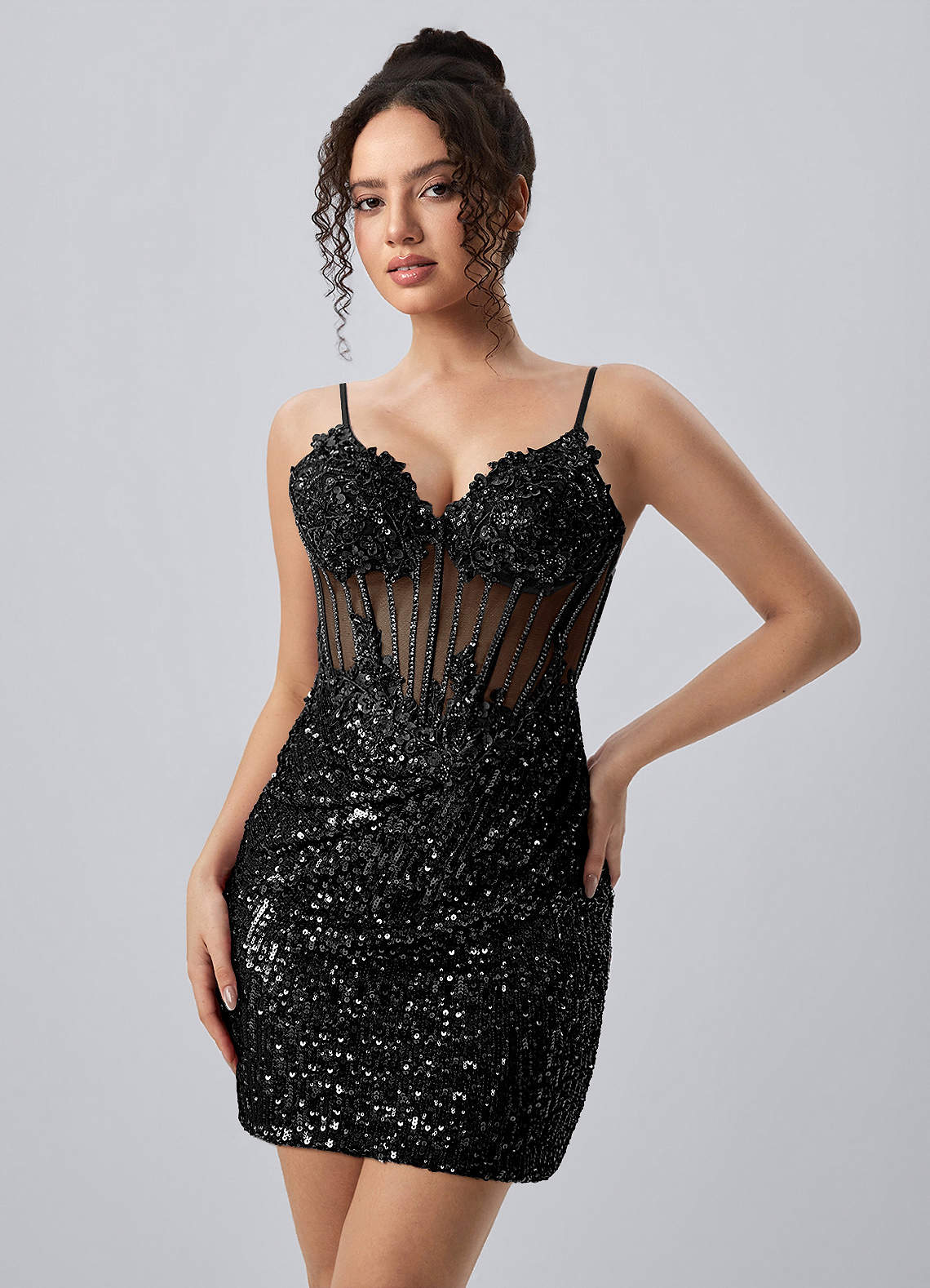 black sequin corset mini dress Martine Spaghetti Strap 3D Floral Color:Sage Crimson The back of the attr:corset-bodice Asymmetric Silver-Gray & Black