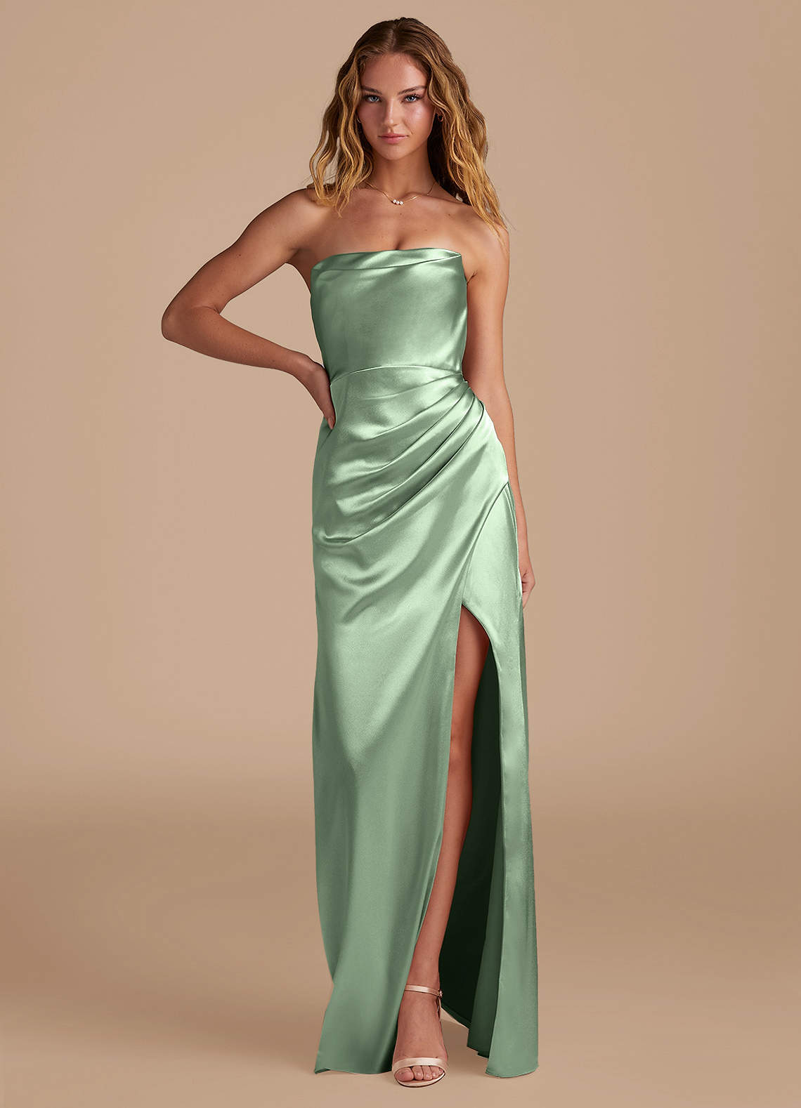 Azazie Leonis Bridesmaid Dresses Matcha Mermaid Pleated Metallic Satin Convertible Dress image1
