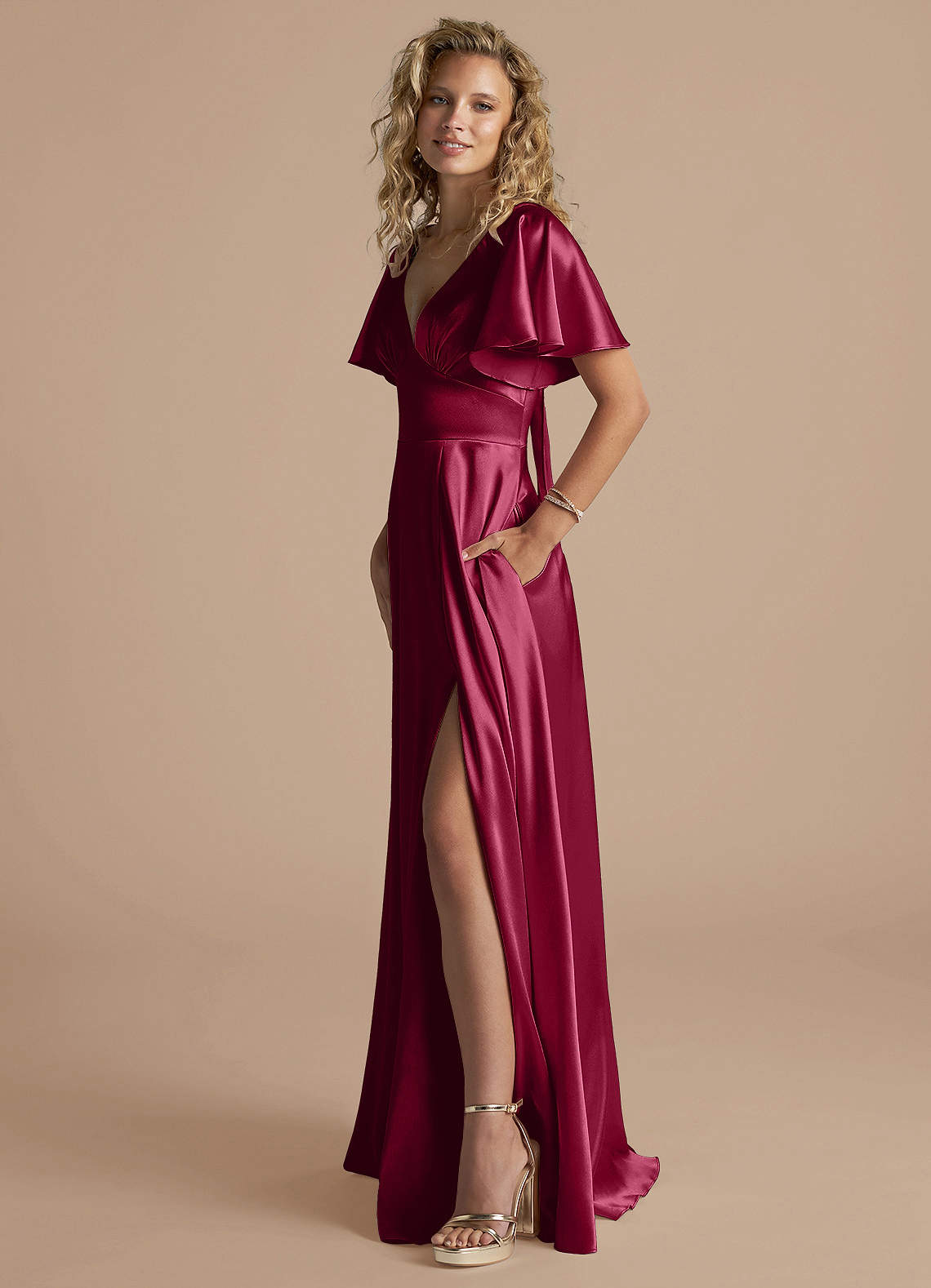 burgundy wrap bridesmaid dress V-neck Burgundy Chiffon Long Bridesmaid Dresses with Flounced Sleeves   loveangeldress