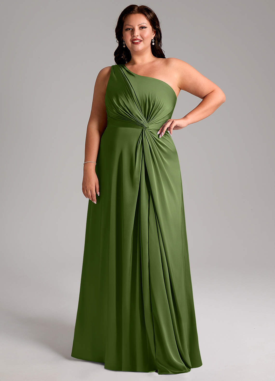 Azazie Brooke Vestidos de damas de honor Vestido de Enebro de Satén Elástico de Corte en A con Hombro unilateral image11