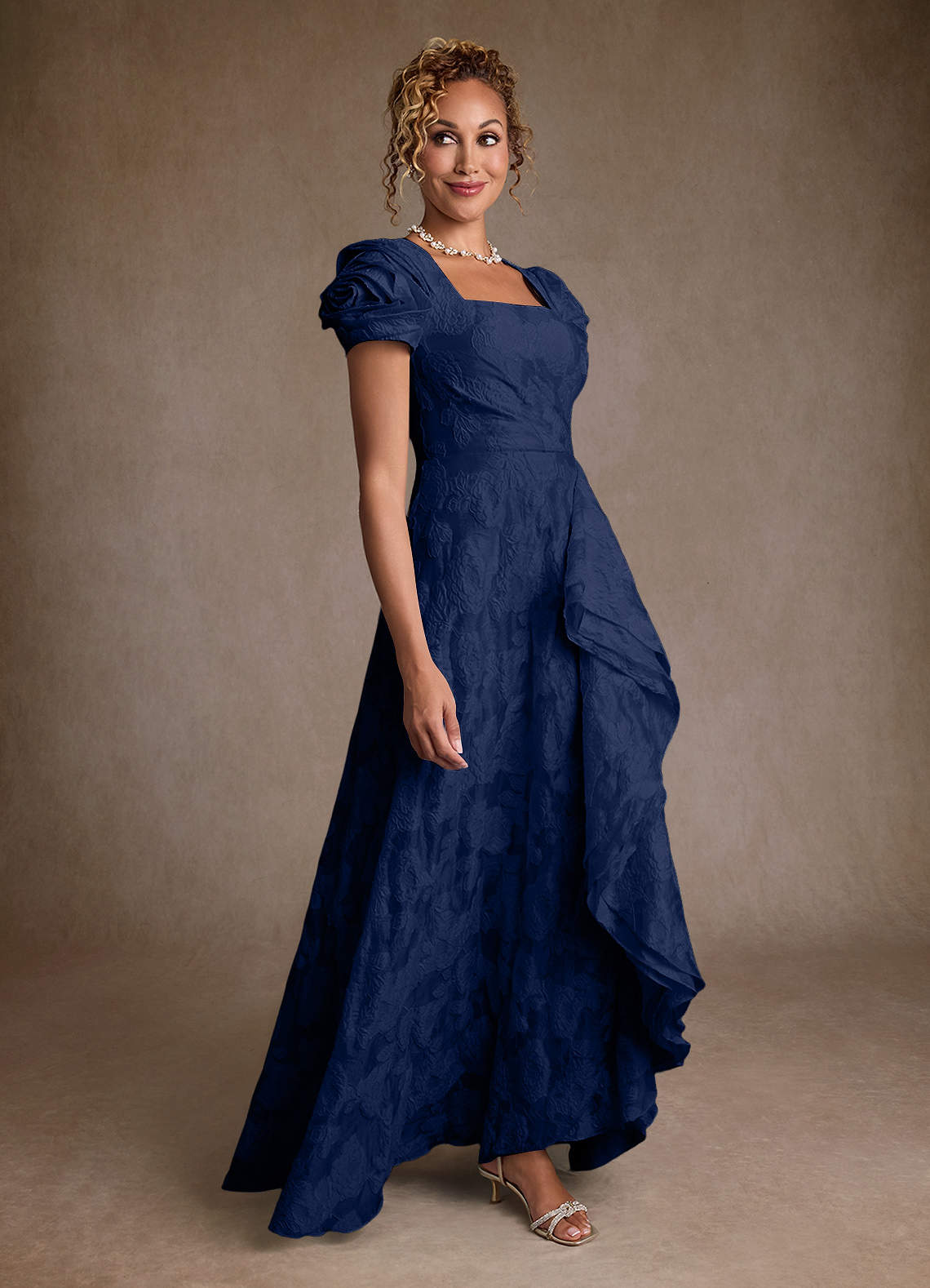 Azazie Hermina Dark Navy Jacquard A-Line Pleated Floral Jacquard