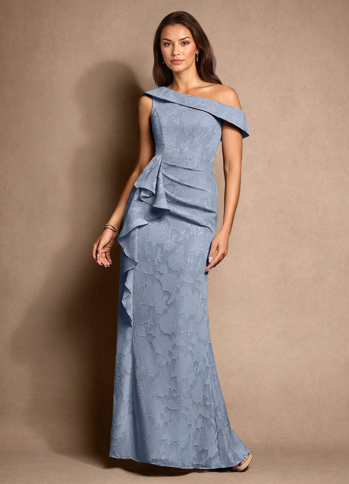Azazie Hamptons Mother of the Bride Dresses Dusty Blue A-Line Pleated Floral Burnout Dress image1