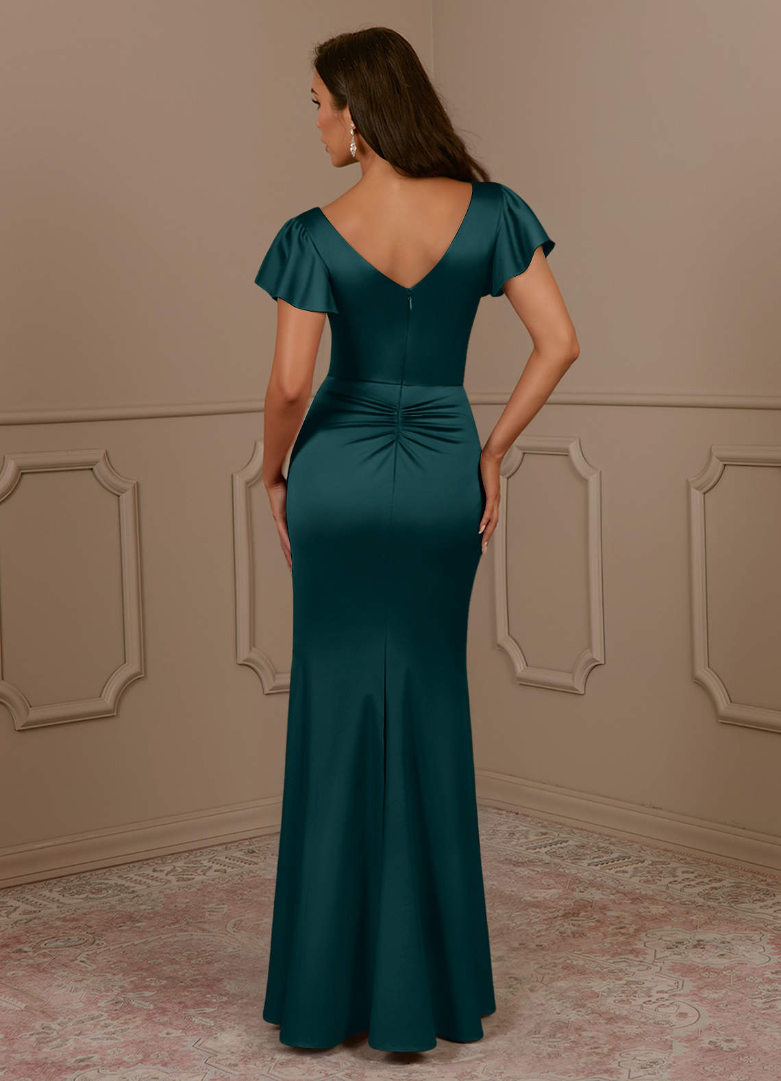 Azazie Roya Mother of the Bride Dresses Pine Mermaid V-Neck Pleated Stretch Satin Dress image3