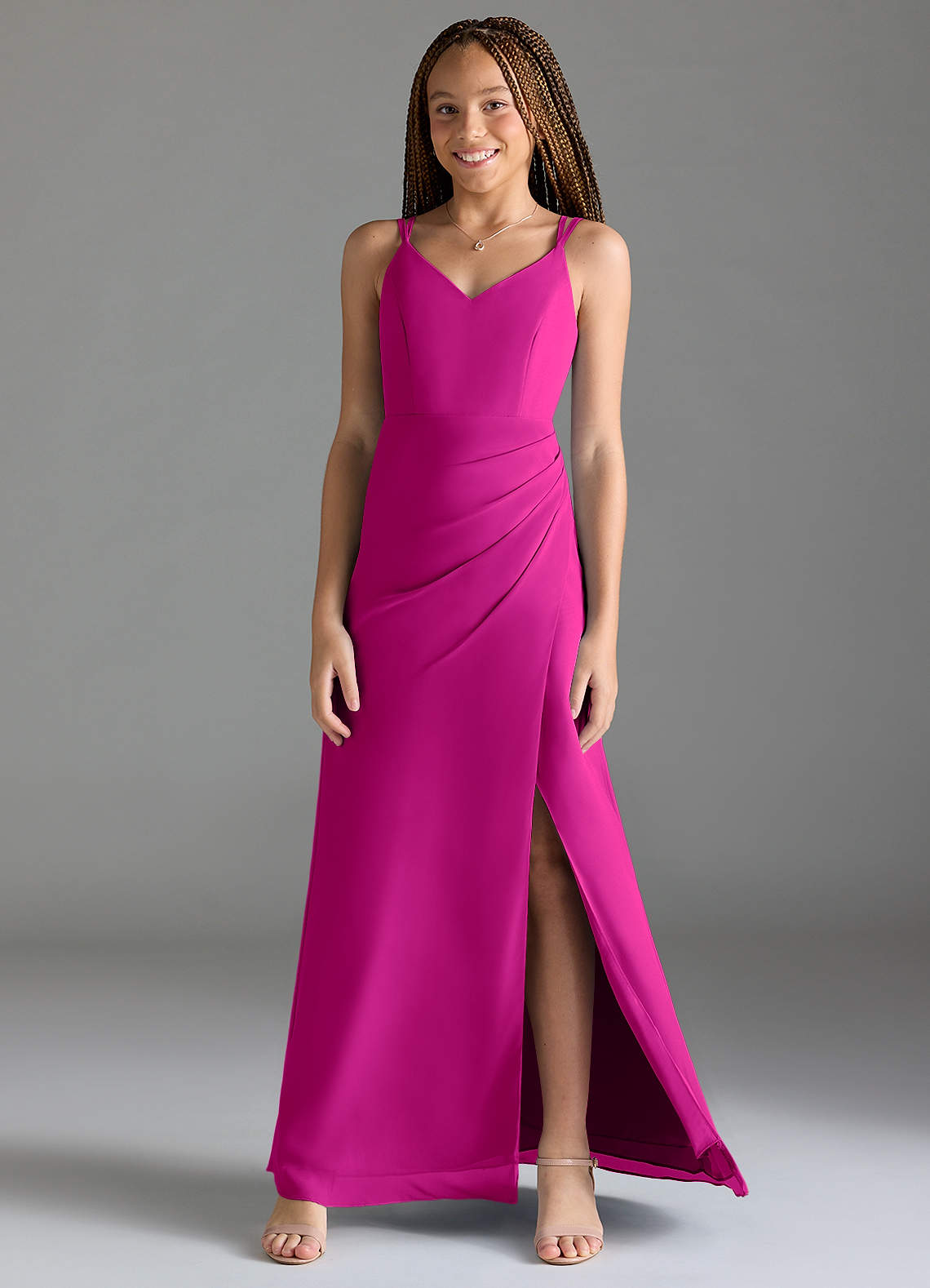 Azazie Leo Junior Abito Sirena in Chiffon Plissettato Fucsia image1