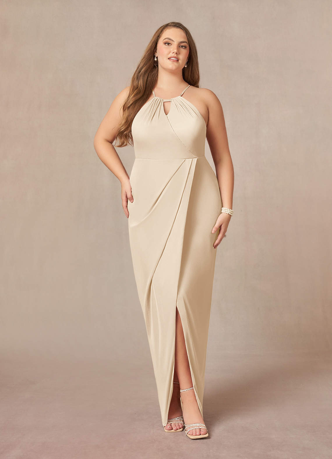 Azazie Hadid Final Sale Champagne Sheath Pleated Mesh Dress image1