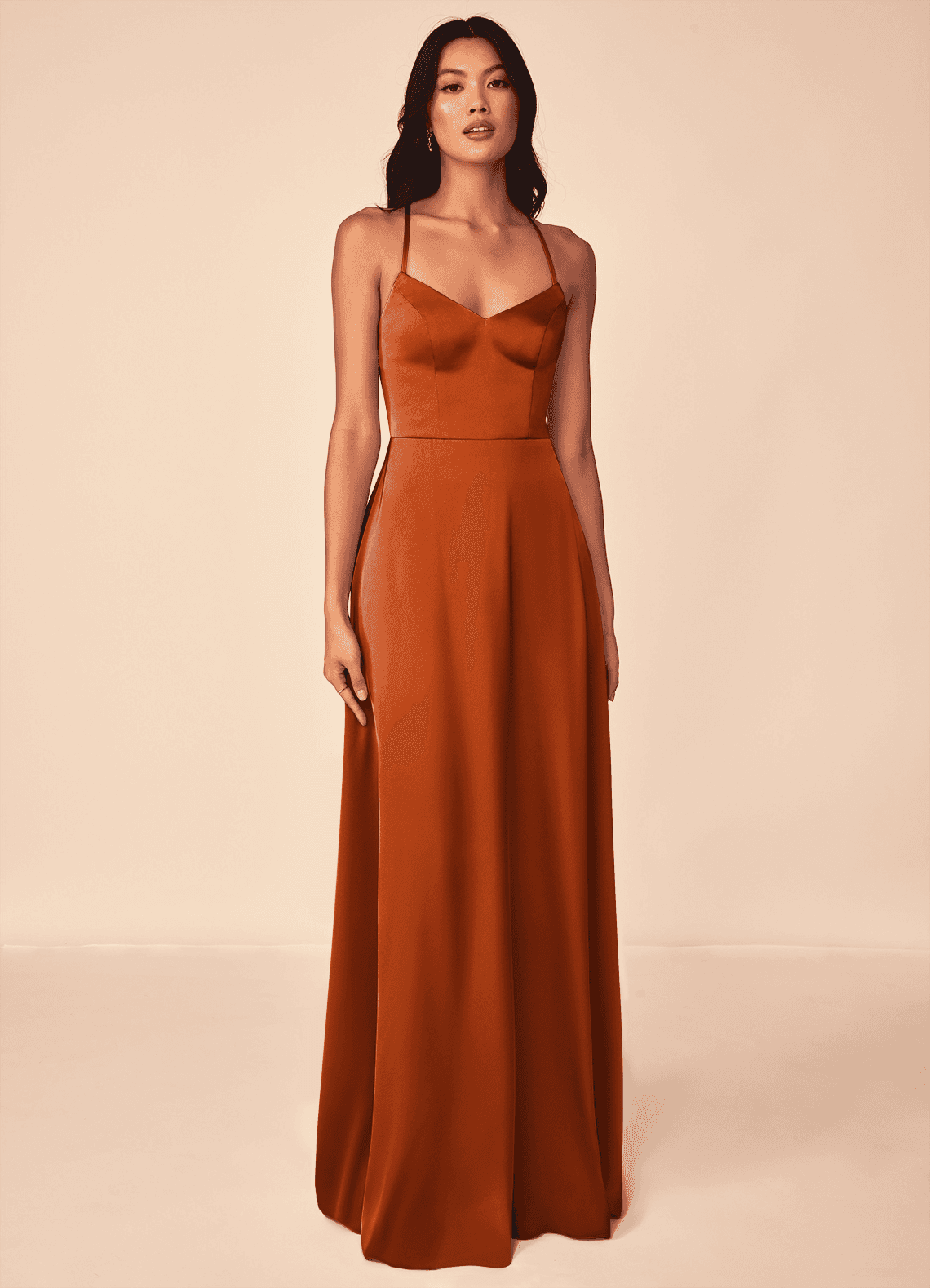 Azazie Mei Bridesmaid Dresses Burnt Orange A-Line V-Neck Stretch Satin Dress image1
