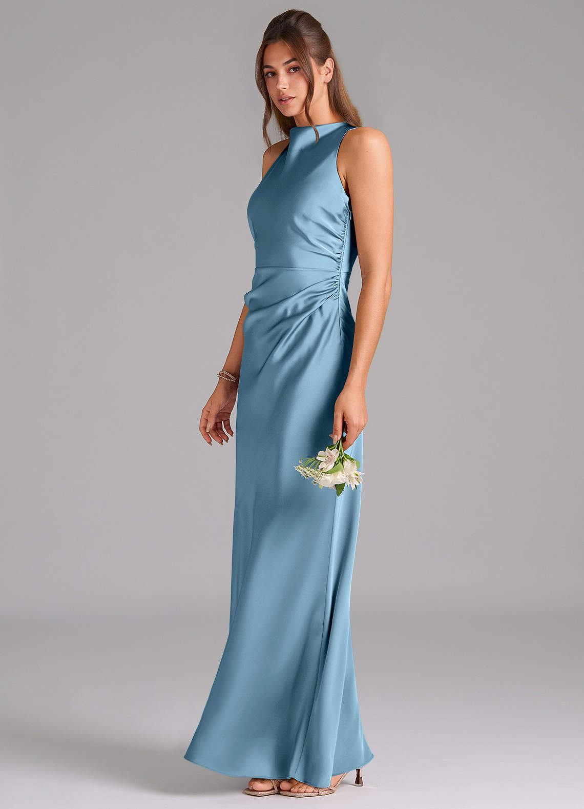 Azazie Evadne Bridesmaid Dresses Steel Blue A-Line Pleated Stretch Satin Dress image1