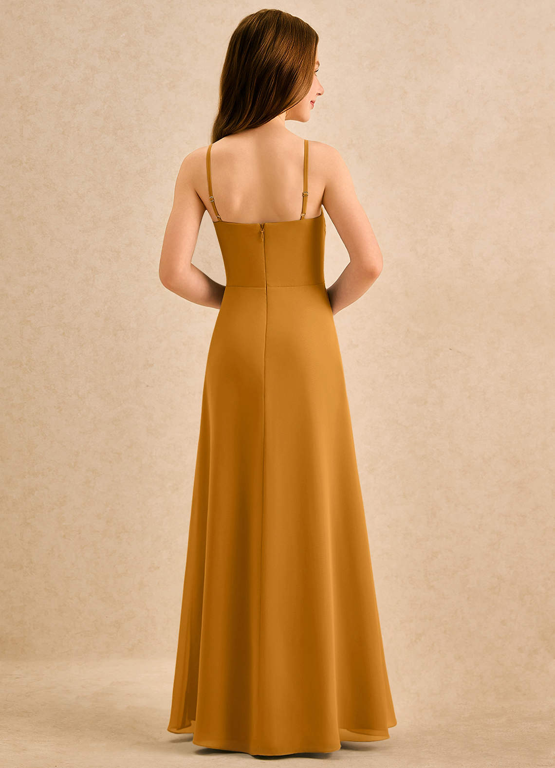 Azazie lolly Girls Formal Robe Demoiselle D'honneur Fillette Robe Trapèze en Mousseline de soie Plissée Caramel écossais image1