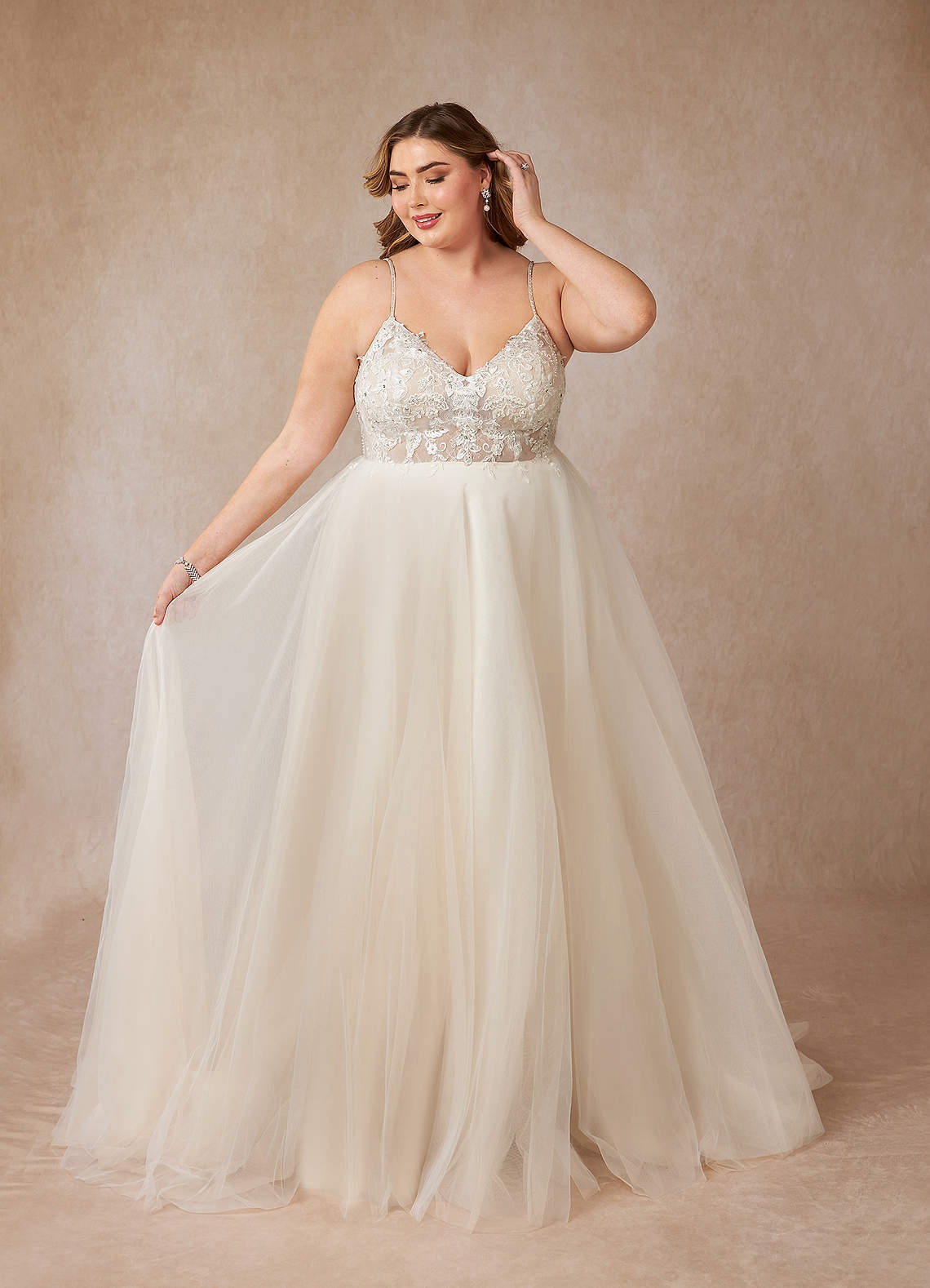 Azazie Tatiana Vestidos de novia Vestido de Blanco Diamante Nude de Tul de Corte en A con Lentejuelas cuello pico image1