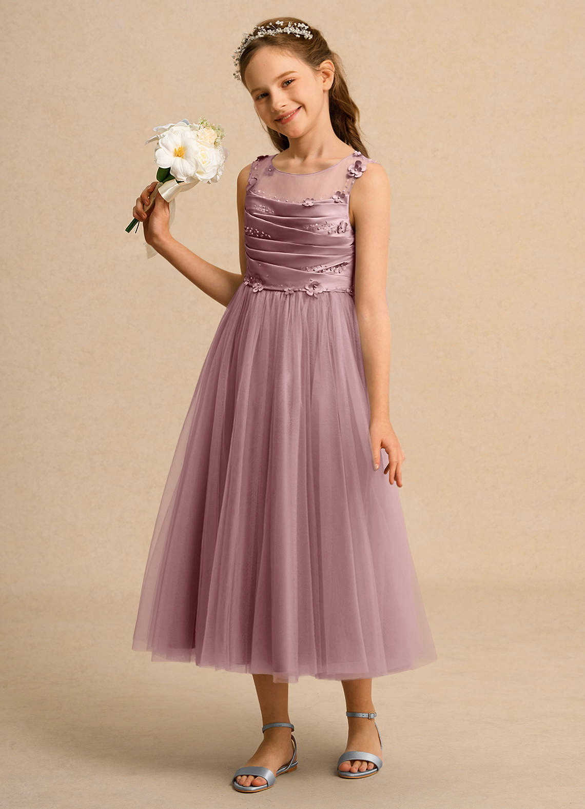 Azazie Snowball Girl Jurken voor bloemenmeisjes Baljurk Jurk van Tule Geplooid Stoffige Roos image1