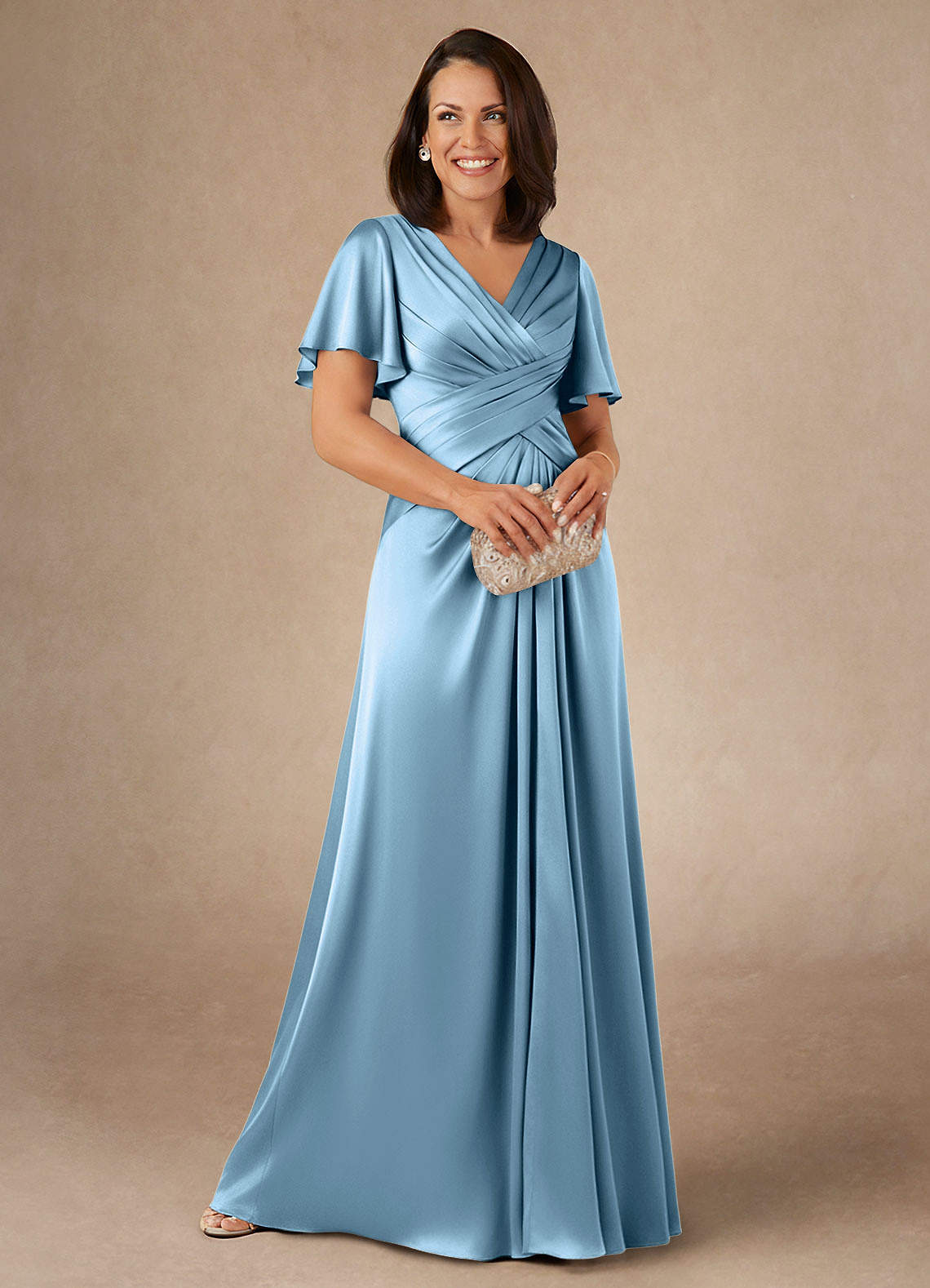 Azazie Emmeline Moeder van de bruid jurken A-Lijn Jurk van Stretch Satijn Geplooid Staal Blauw image1