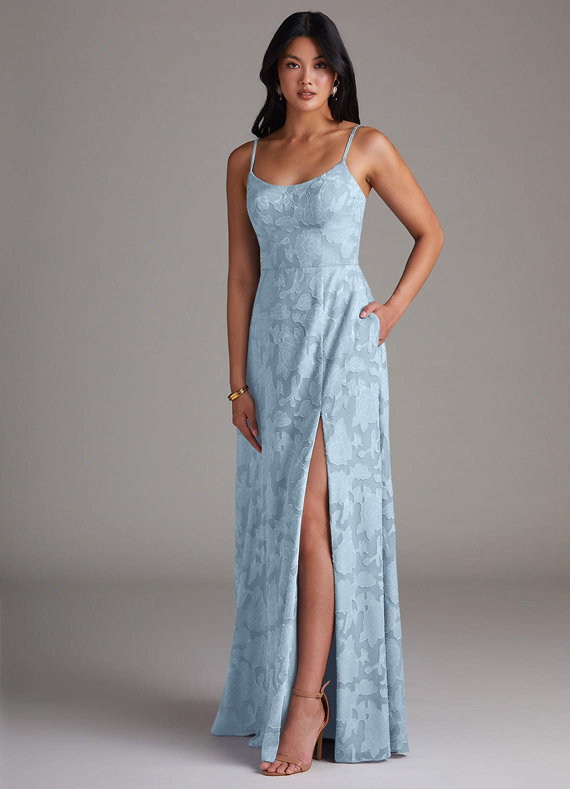 Azazie Moira Bridesmaid Dresses Sky Blue A-Line Side Slit Floral Burnout Dress image2