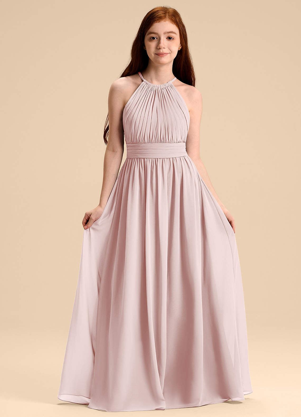 Azazie Malone Junior Blushing Pink A-Line Pleated Chiffon Dress image1