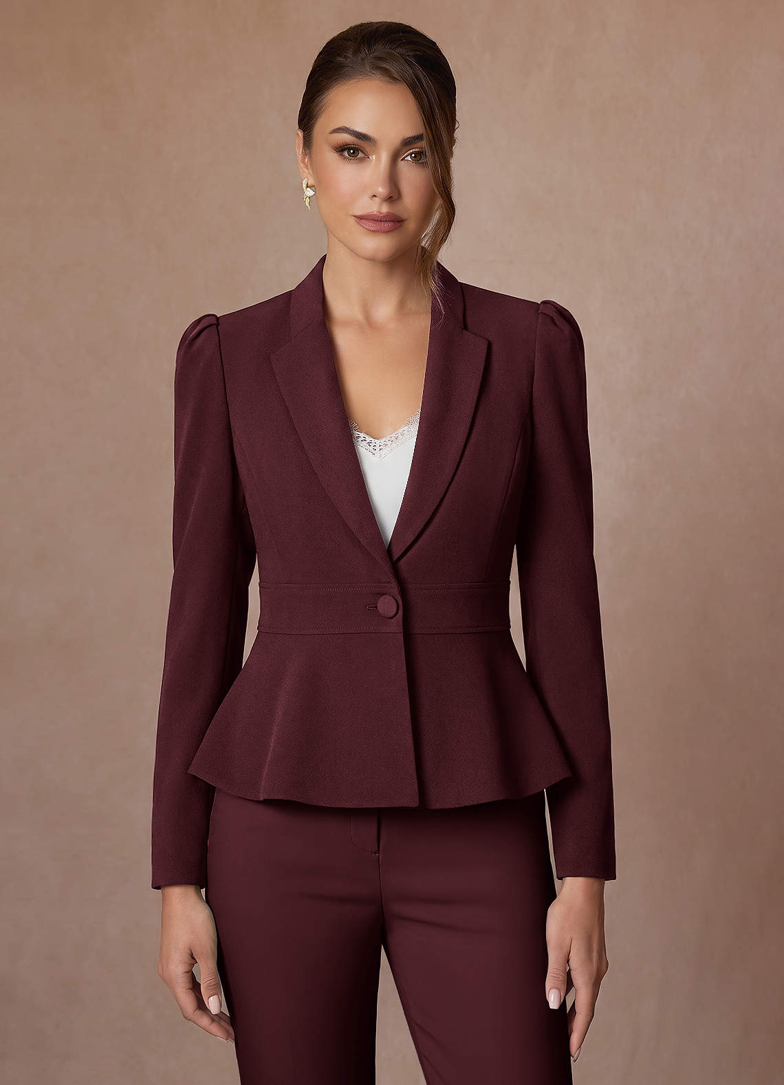 front Amara Cabernet Refined Weave Tailored Peplum Pantsuit