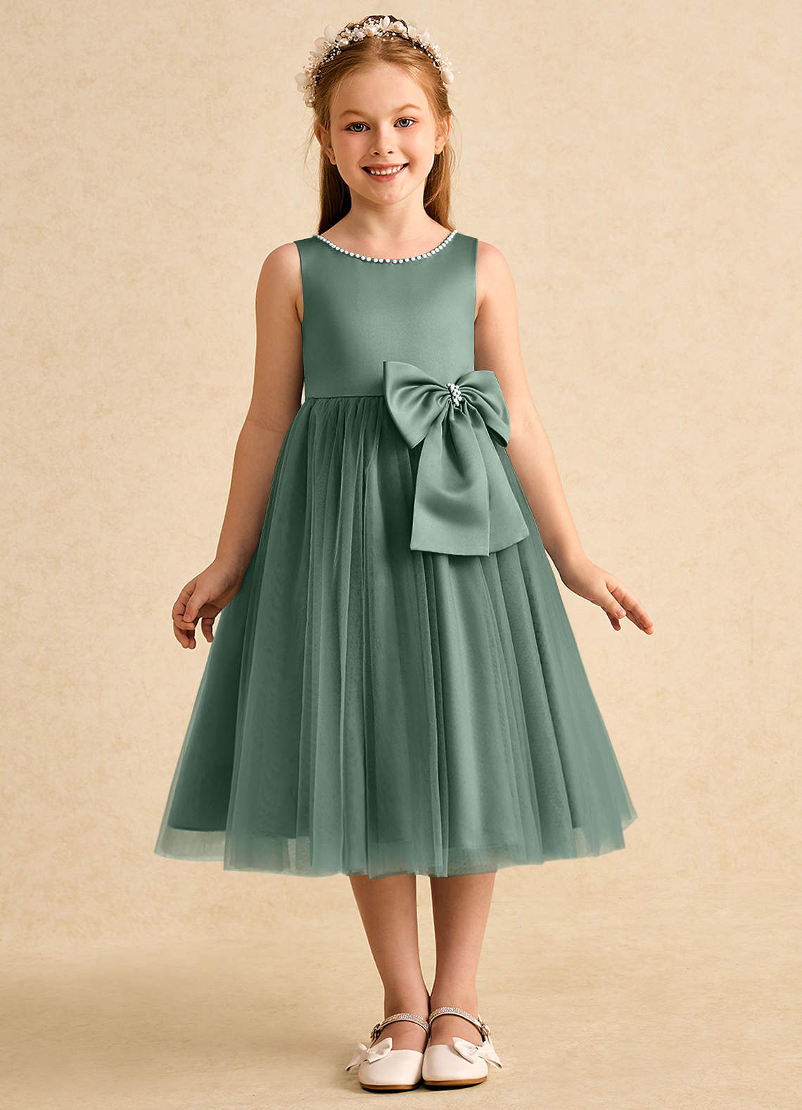 Azazie Twinsie Flower Girl Dresses Eucalyptus A-Line Bow Tulle Dress image1