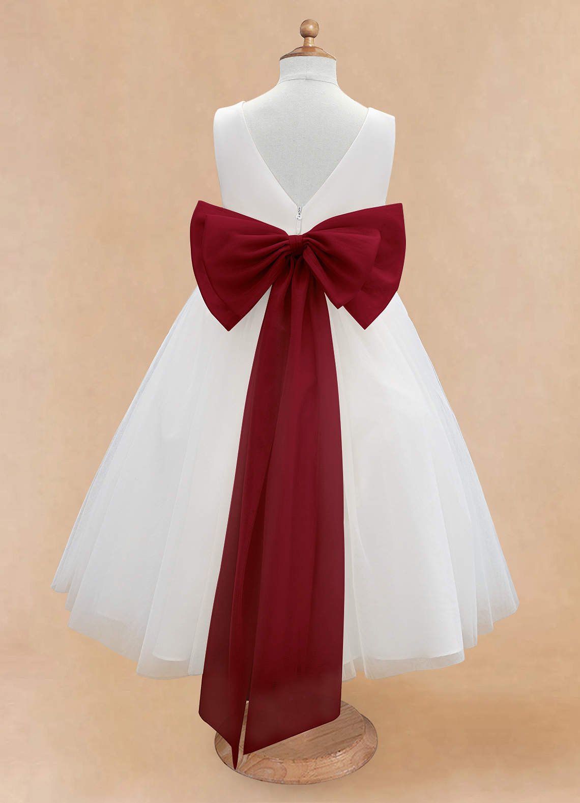 Azazie Kavi Flower Girl Dresses Ivory Burgundy A-Line Bow Matte Satin Dress image7