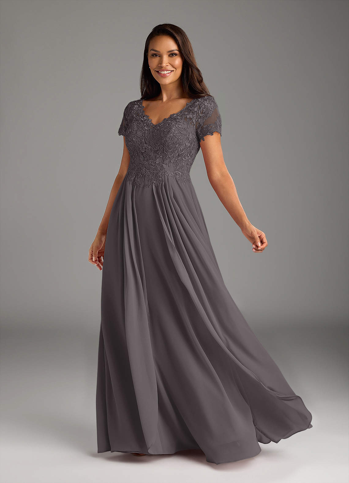3/4発送分 YILON Feminine chiffon setup グレー Azazie Dunja Steel Grey A-Line V-Neck Lace Chiffon Dress | Azazie