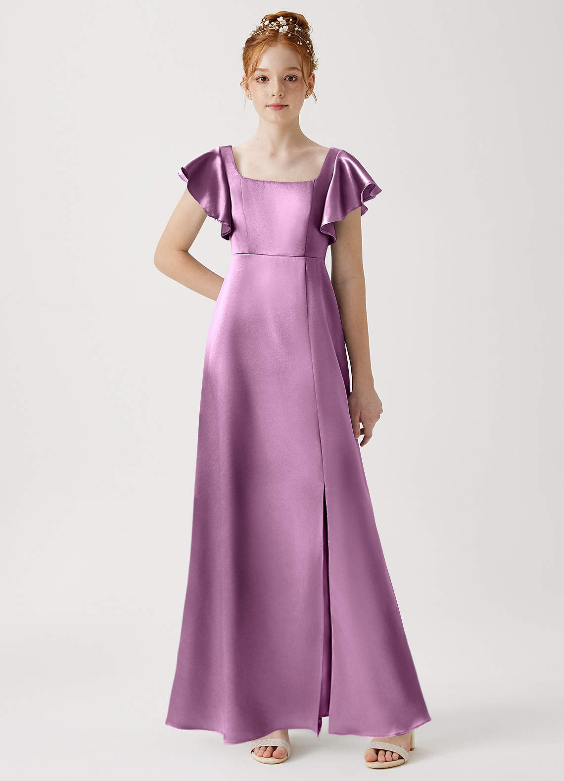 Azazie Bondi Junior Wisteria A-Line Side Slit Metallic Satin Dress image1