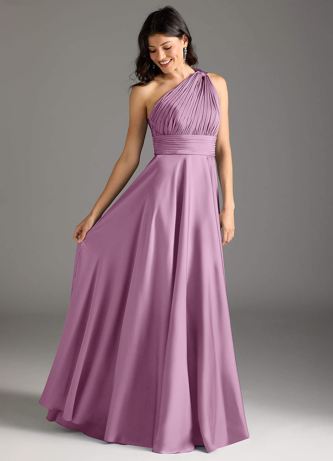 Azazie Charlize Bridesmaid Dresses Wisteria A-Line One Shoulder Stretch Satin Dress image1