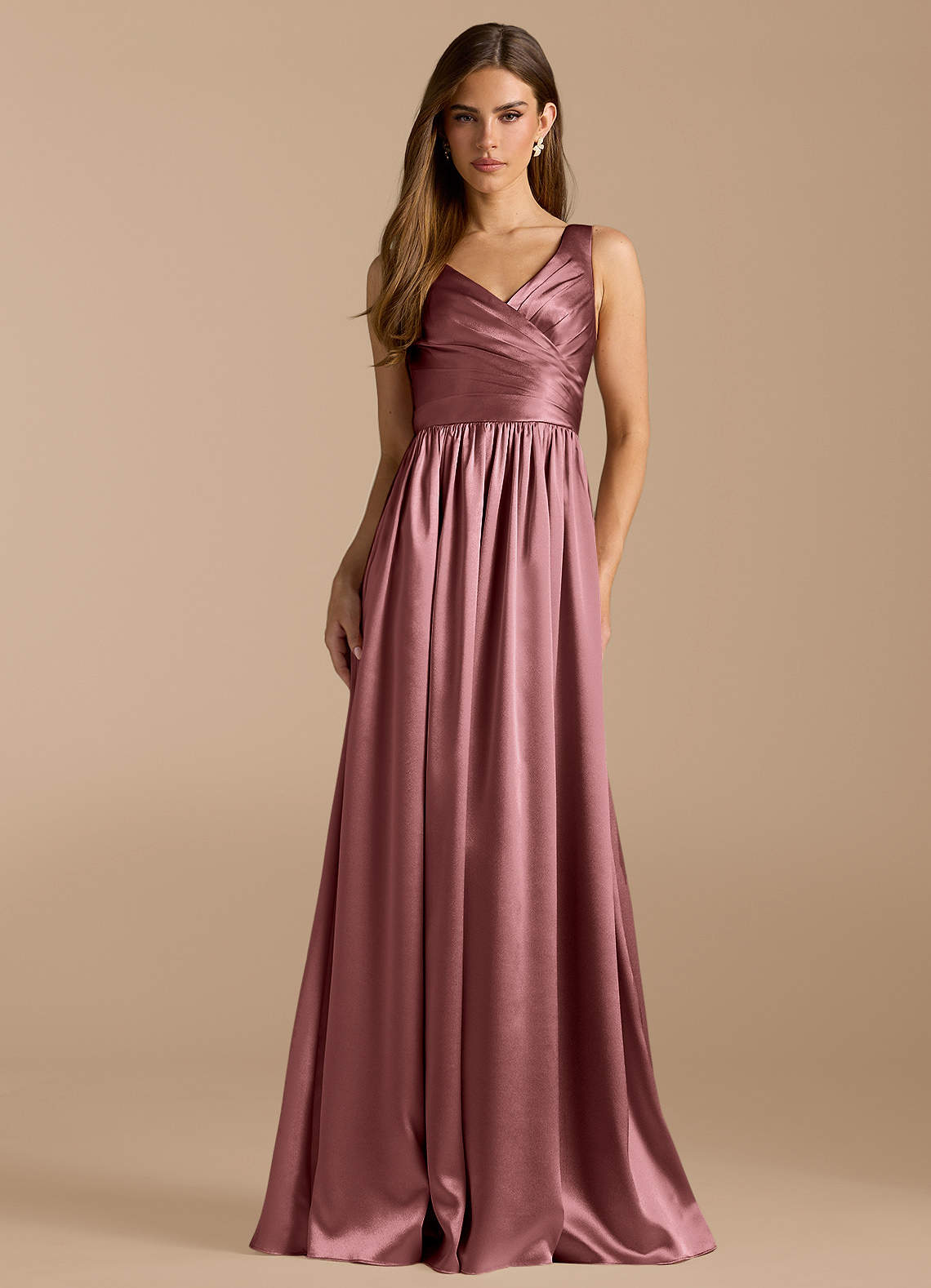 Azazie Keyla Bridesmaid Dresses Vintage Mauve A-Line Pleated Metallic Satin Dress image1