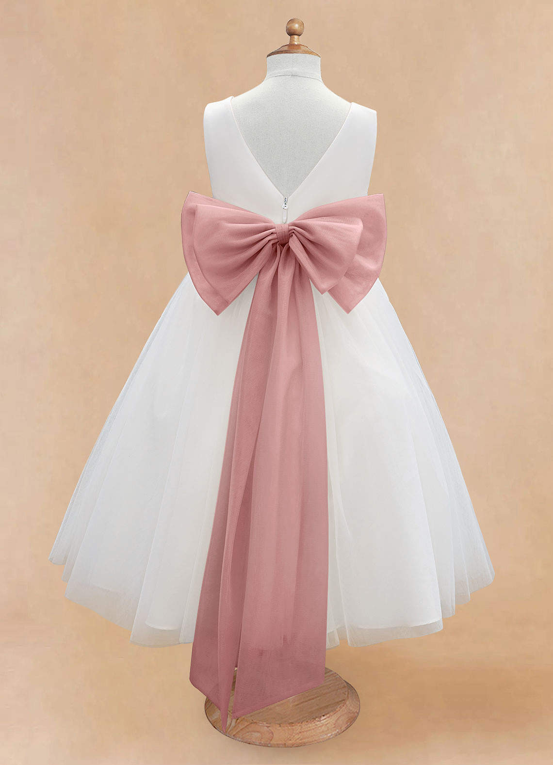 Azazie Kavi Flower Girl Dresses Ivory Dusty Rose A-Line Bow Matte Satin Dress image7