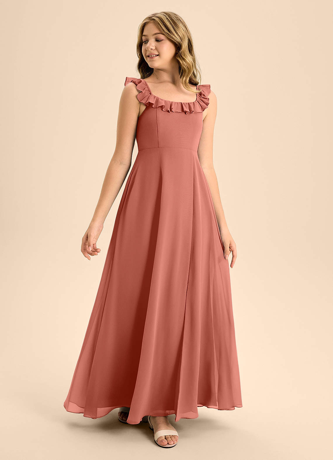 Azazie Callie Junior A-Linie Gestreift Chiffon Kleid Lehm image1