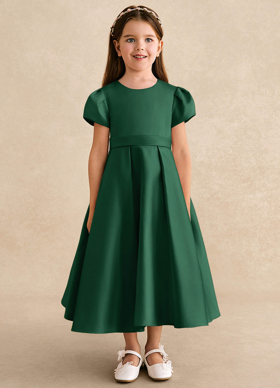 Azazie Princess Flower Girl Dresses Dark Green A-Line Pleated Matte Satin Dress image4