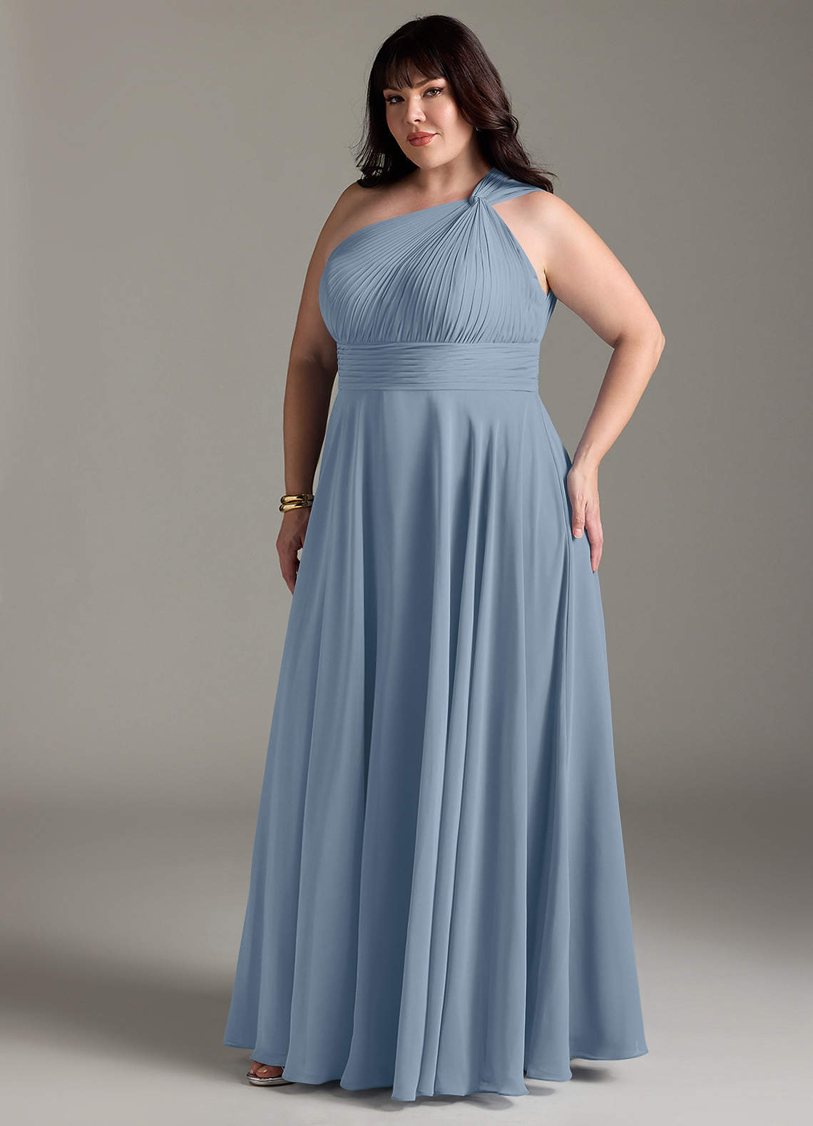 Azazie Charlize Bridesmaid Dresses Dusty Blue A-Line One Shoulder Chiffon Dress image10